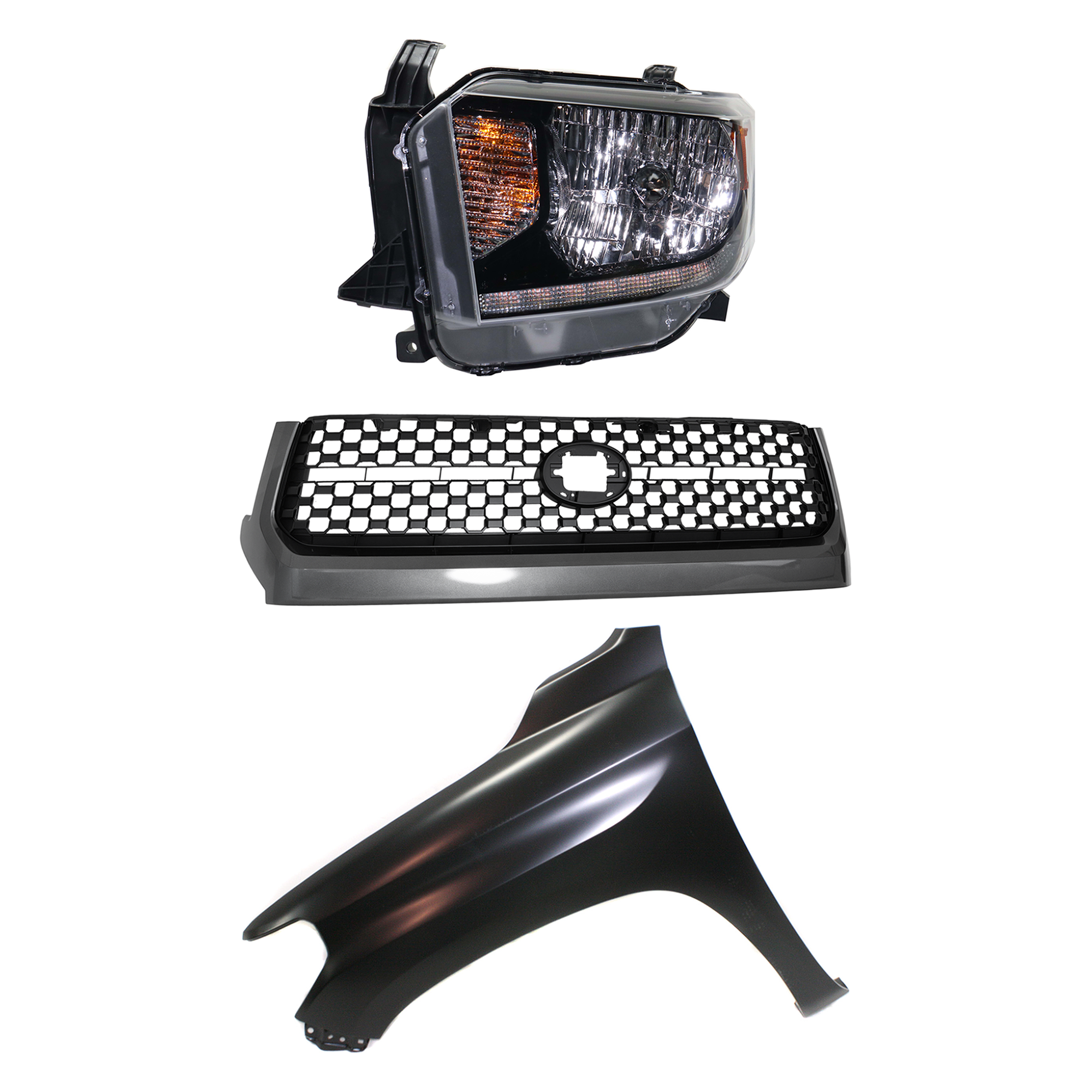 AM TUNDRA 18-20 GRILLE 3 pc Kit with Fender and Headlight SKU KIT 031323-45702 Partslink TO1200451 TO1240249 TO2502260 OEM 531010C010-538120C050-811500C1