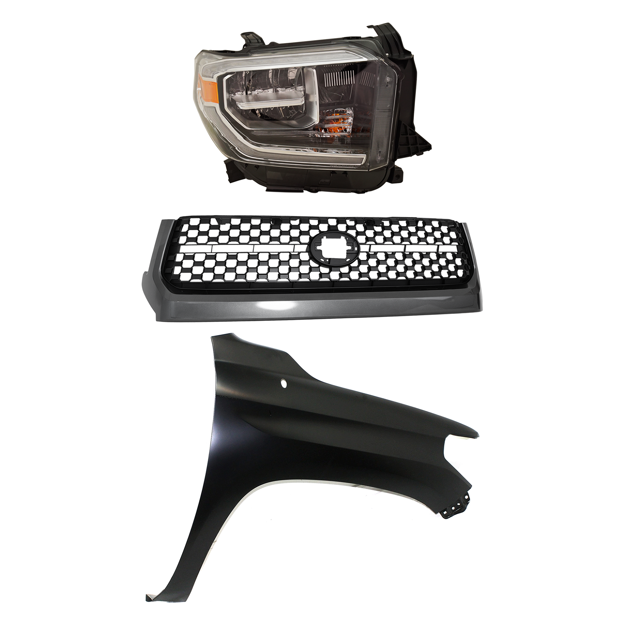 AM TUNDRA 18-19 GRILLE 3 pc Kit with Fender and Headlight SKU KIT 031323-45801 Partslink TO1200451 TO1241249 TO2503262 OEM 531010C010-538110C060-811100C1