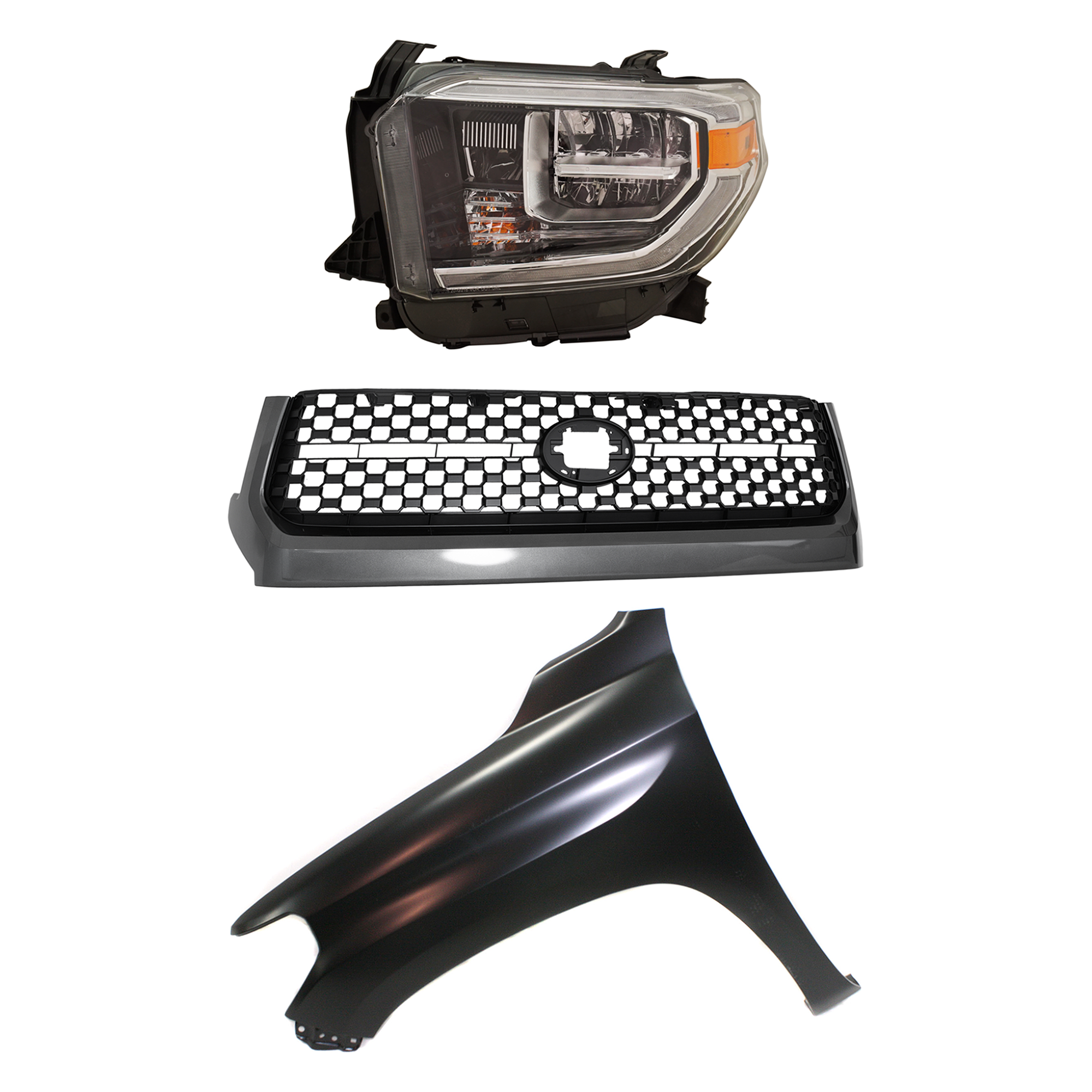 AM TUNDRA 18-20 GRILLE 3 pc Kit Plastic with Fender and Headlight SKU KIT 031323-45802 Partslink TO1200451 TO1240249 TO2502262 OEM 531010C010-538120C050-811500C1