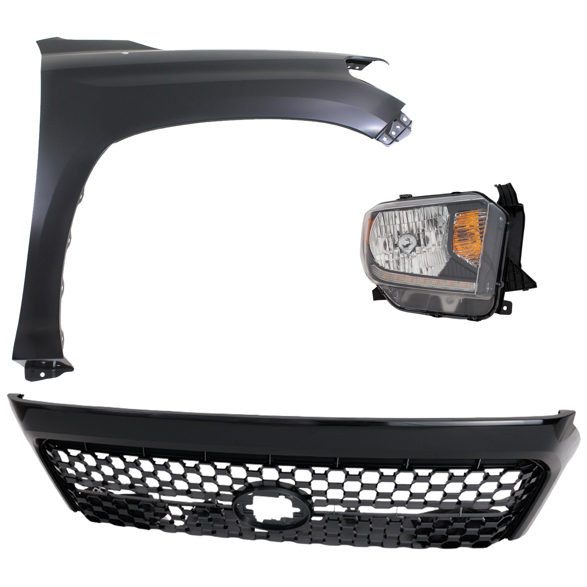 AM TUNDRA 18-19 GRILLE Painted Dark Gray Shell and Insert 3 pc Kit with Fender and Headlight SKU KIT 031323-45901 Partslink TO1200454 TO1241249C TO2503260C OEM 531010C041C0-531010C040C0-5381