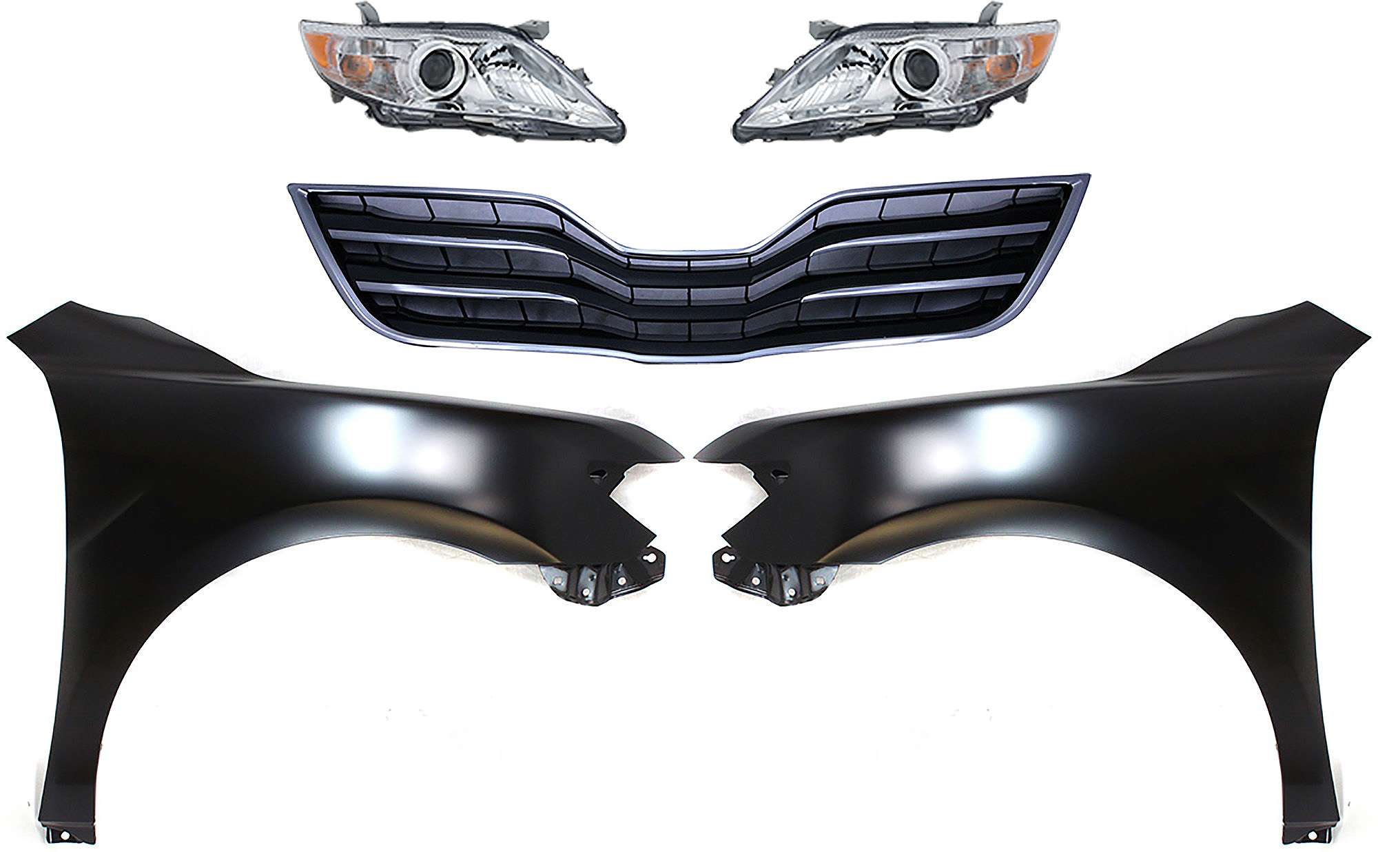 AM CAMRY 10-11 HEAD LAMP RH AND LH Assembly Halogen 5 pc Kit with Fenders and Grille Assembly CAPA SKU KIT 031323-45 Partslink TO1200325C TO1240211C TO1241211C TO2502191C TO2503191C OEM 5310106190C0-5380106110-538020