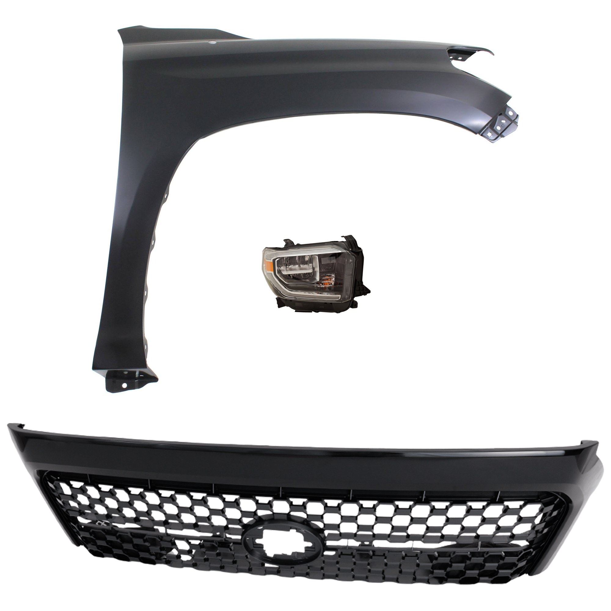 AM TUNDRA 18-19 GRILLE Painted Dark Gray Shell and Insert 3 pc Kit with Fender and Headlight SKU KIT 031323-46001 Partslink TO1200454 TO1241249C TO2503262C OEM 531010C041C0-531010C040C0-5381