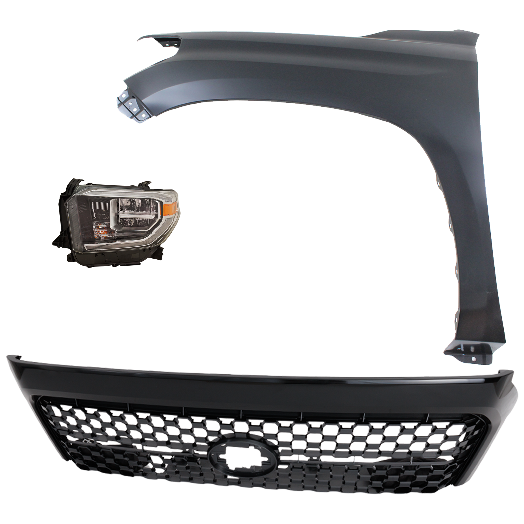 AM TUNDRA 18-19 GRILLE Painted Dark Gray Shell and Insert 3 pc Kit with Fender and Headlight SKU KIT 031323-46002 Partslink TO1200454 TO1240249C TO2502262C OEM 531010C041C0-531010C040C0-5381