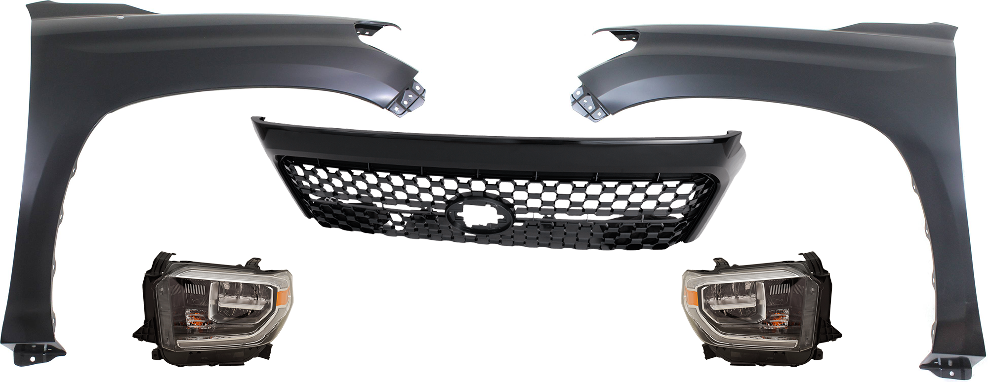 AM TUNDRA 18-19 GRILLE Painted Dark Gray Shell and Insert 5 pc Kit with Fenders and Headlights SKU KIT 031323-460 Partslink TO1200454 TO1240249C TO1241249C TO2502262C TO2503262C OEM 531010C041C0-531010C040C0-5381