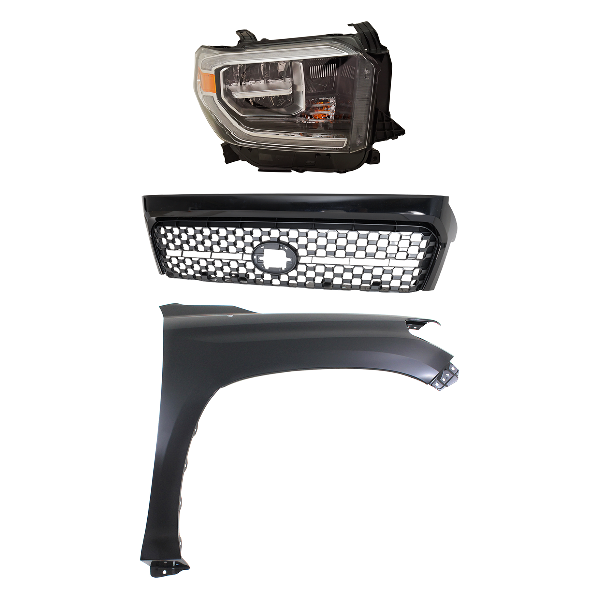 AM TUNDRA 18-19 GRILLE Painted Gray Shell and Insert 3 pc Kit with Fender and Headlight SKU KIT 031323-46201 Partslink TO1200452 TO1241249C TO2503262C OEM 531010C031C0-531010C030C0-5381