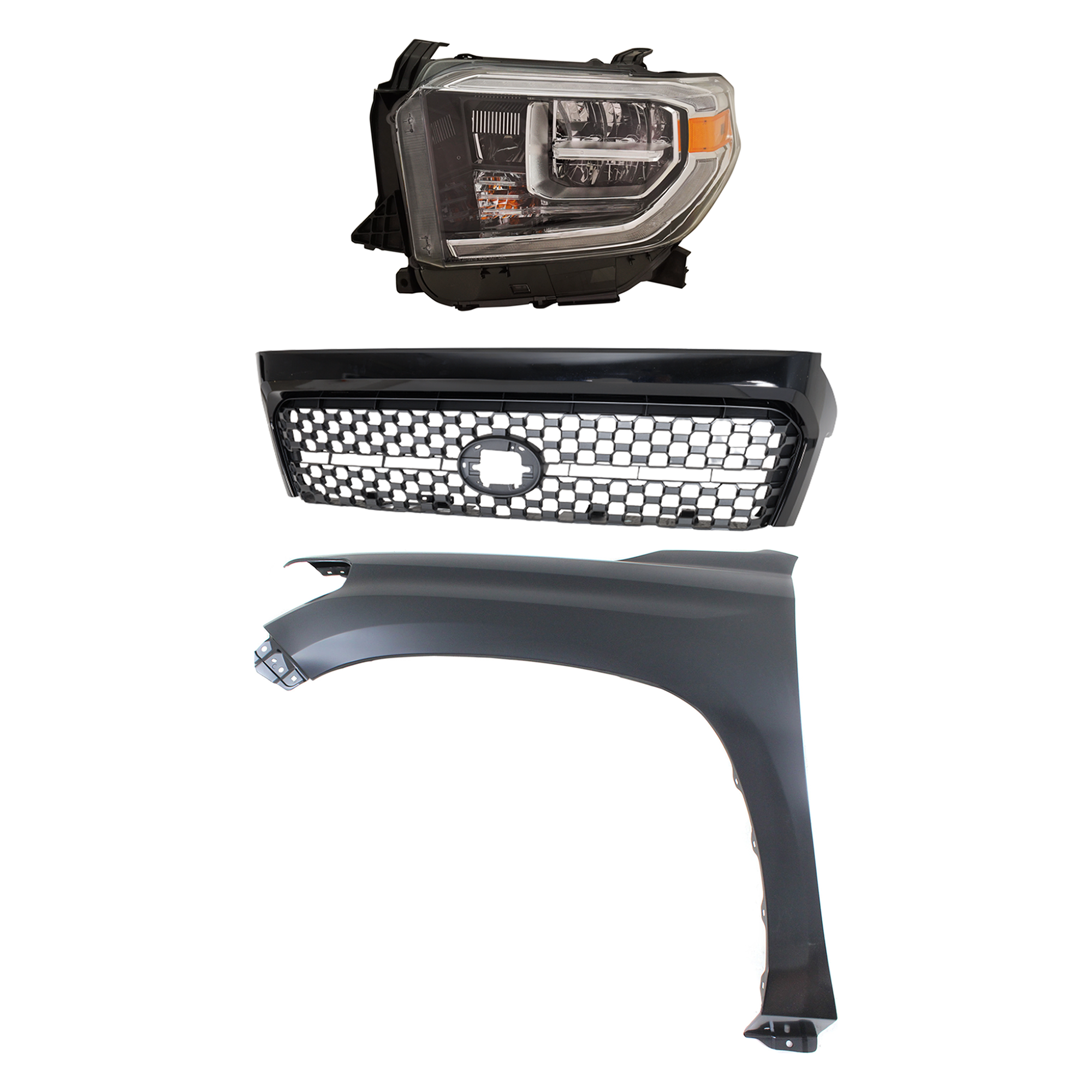 AM TUNDRA 18-19 GRILLE Painted Gray Shell and Insert 3 pc Kit with Fender and Headlight SKU KIT 031323-46202 Partslink TO1200452 TO1240249C TO2502262C OEM 531010C031C0-531010C030C0-5381