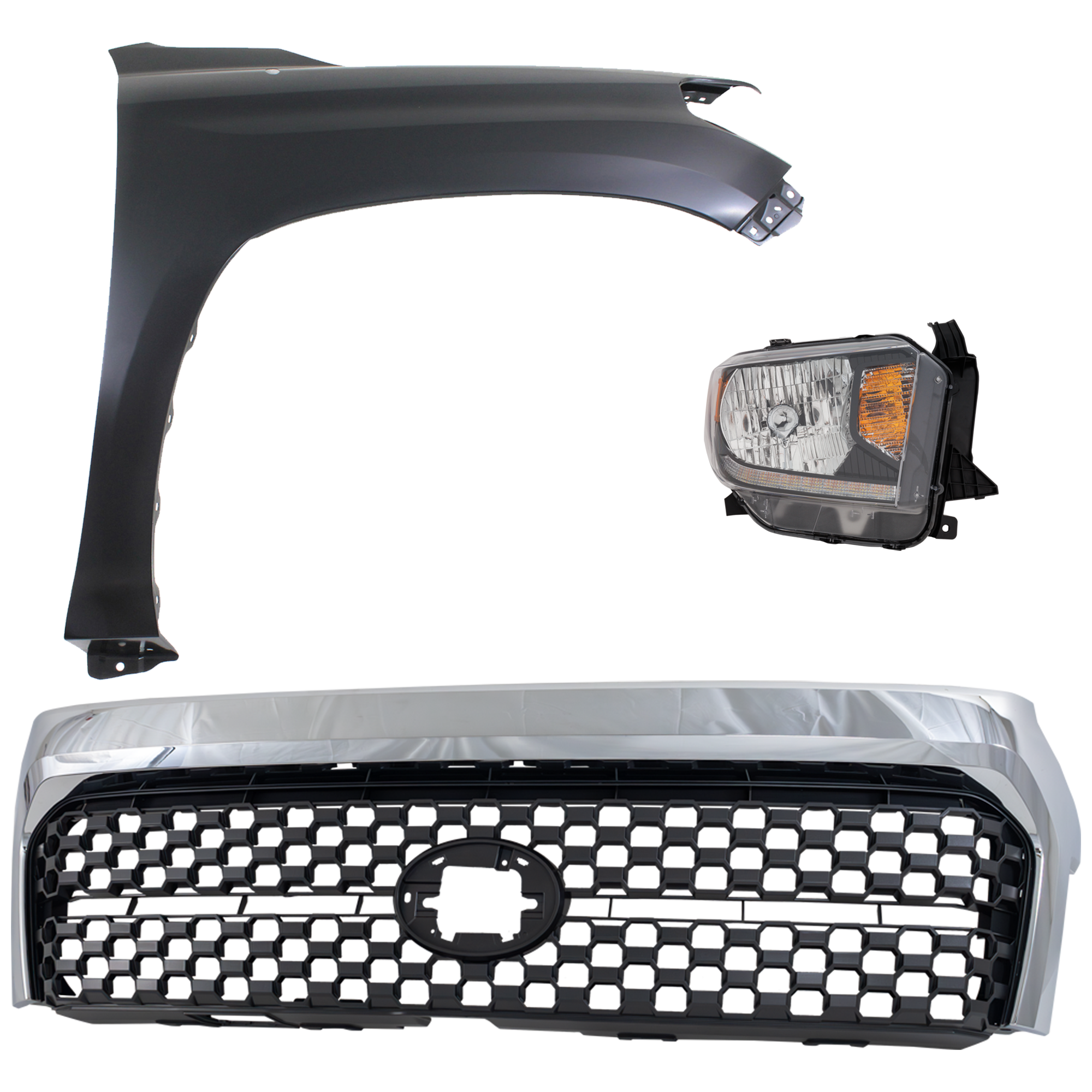 AM TUNDRA 18-19 FRONT FENDER RH Primed 3 pc Kit with Grille and Headlight CAPA SKU KIT 031323-46301 Partslink TO1200453 TO1241249C TO2503260C OEM 531010C020-531010C021-538110C0
