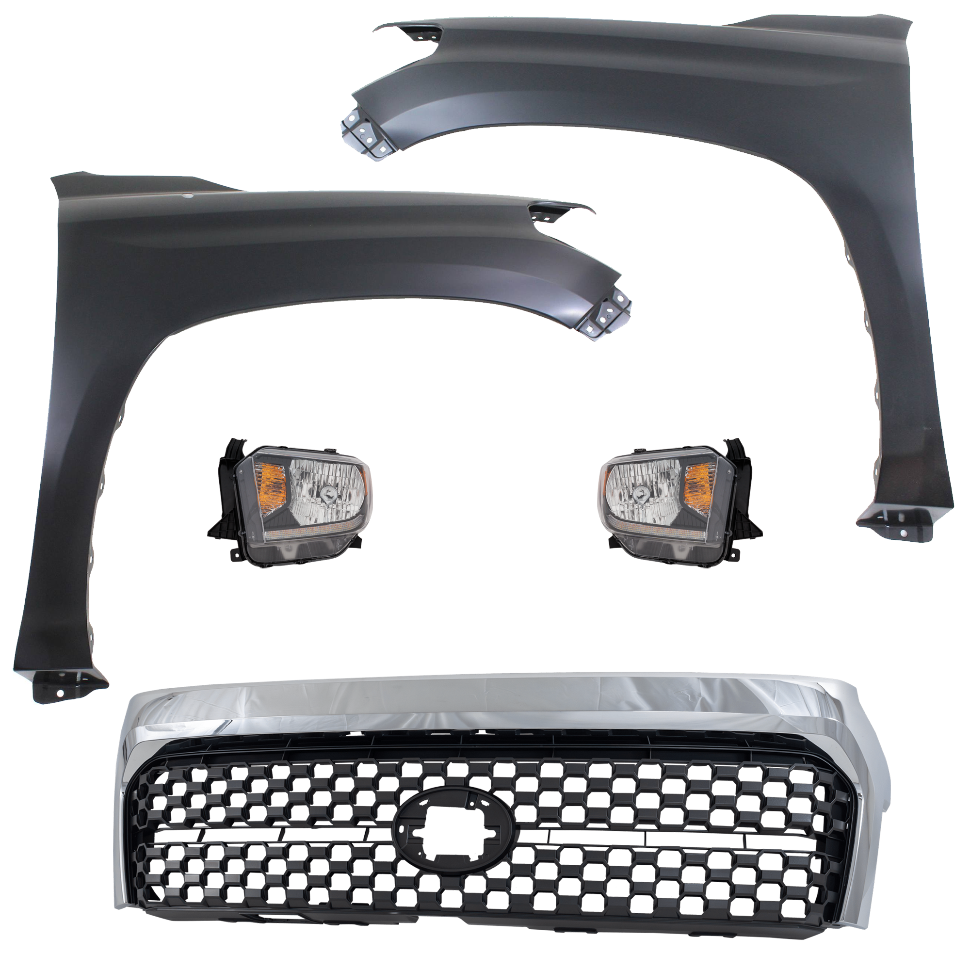 AM TUNDRA 18-19 FRONT FENDER RH AND LH Primed 5 pc Kit with Grille and Headlights CAPA SKU KIT 031323-463 Partslink TO1200453 TO1240249C TO1241249C TO2502260C TO2503260C OEM 531010C020-531010C021-538110C0