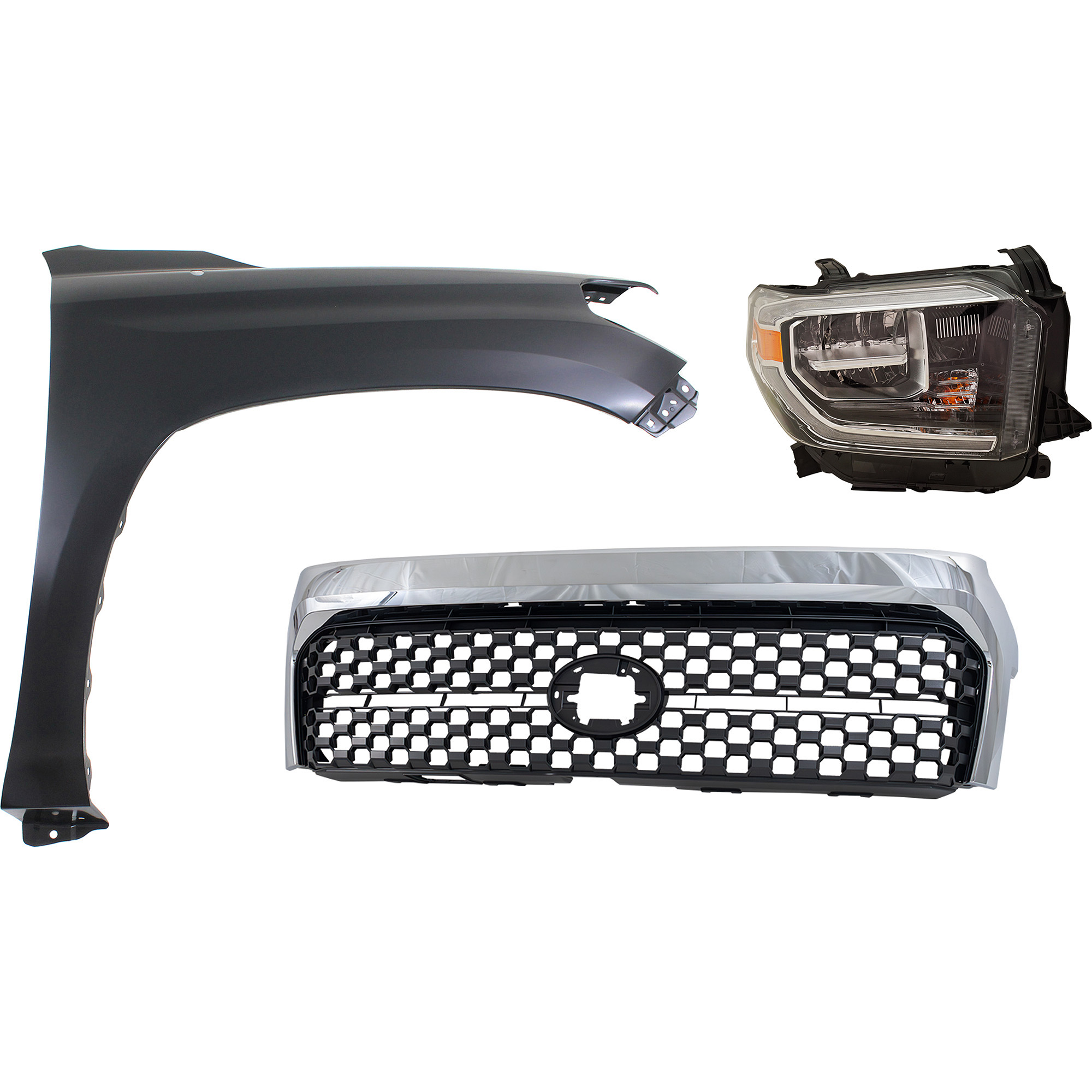 AM TUNDRA 18-19 FRONT FENDER RH Primed 3 pc Kit with Grille and Headlight CAPA SKU KIT 031323-46401 Partslink TO1200453 TO1241249C TO2503262C OEM 531010C020-531010C021-538110C0