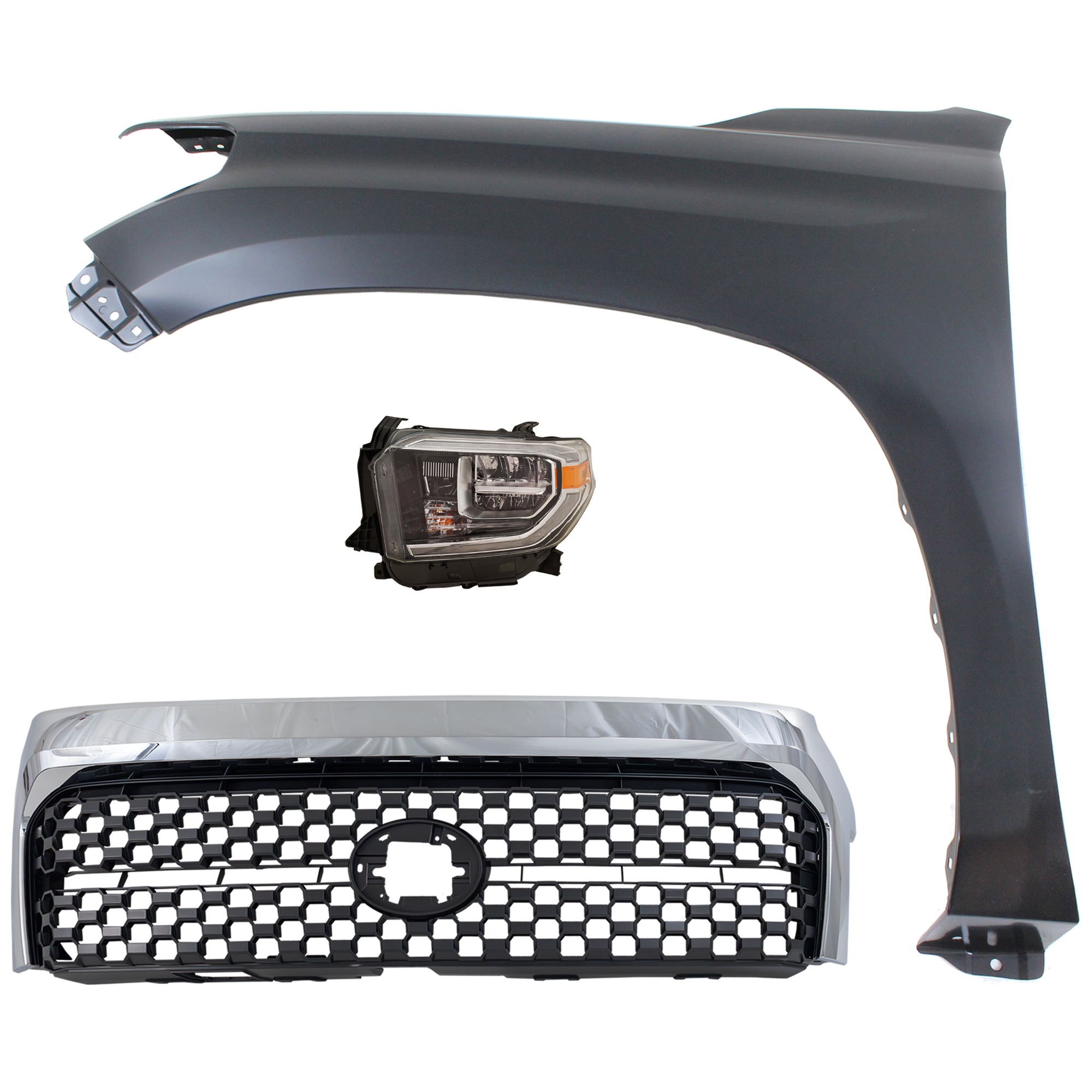 AM TUNDRA 18-21 FRONT FENDER LH Primed 3 pc Kit with Headlight SKU KIT 031323-46402 Partslink TO1200453 TO1240249C TO2502262C OEM 531010C020-531010C021-538120C0