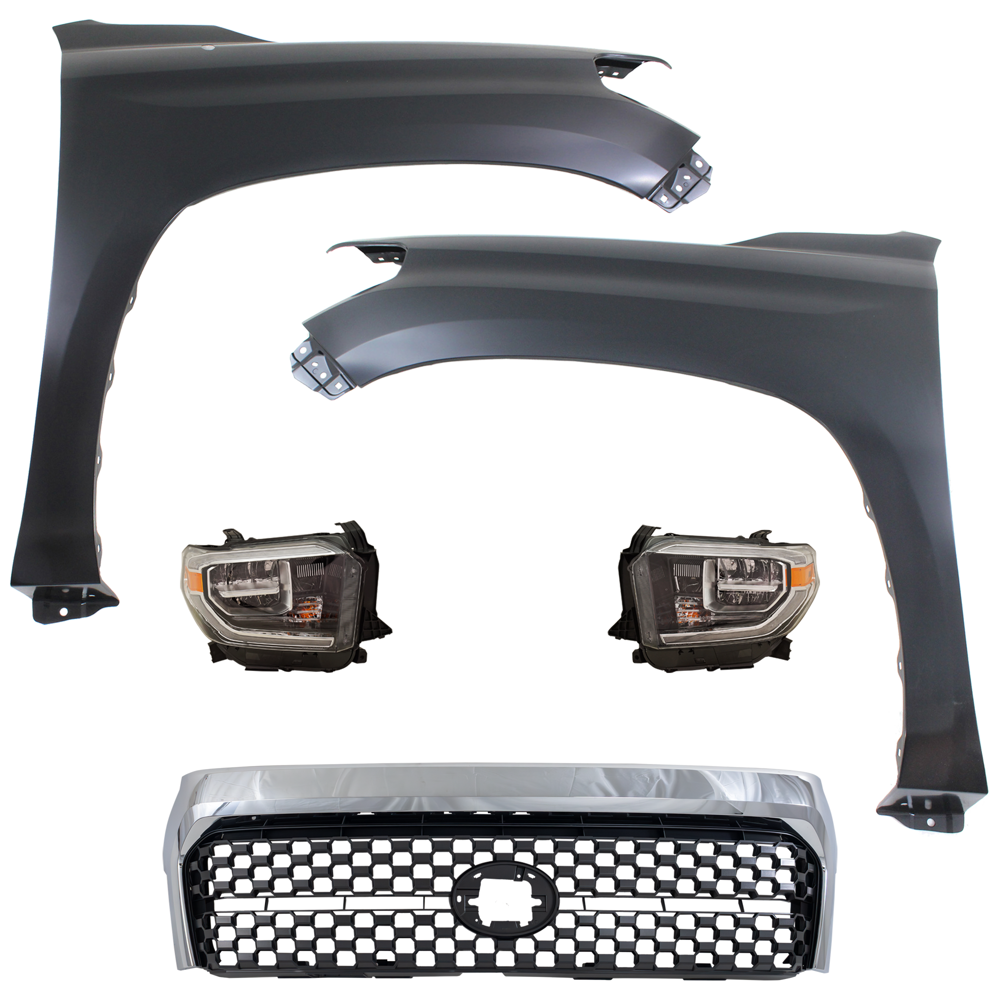 AM TUNDRA 18-19 FRONT FENDER RH AND LH Primed 5 pc Kit with Grille and Headlights CAPA SKU KIT 031323-464 Partslink TO1200453 TO1240249C TO1241249C TO2502262C TO2503262C OEM 531010C020-531010C021-538110C0