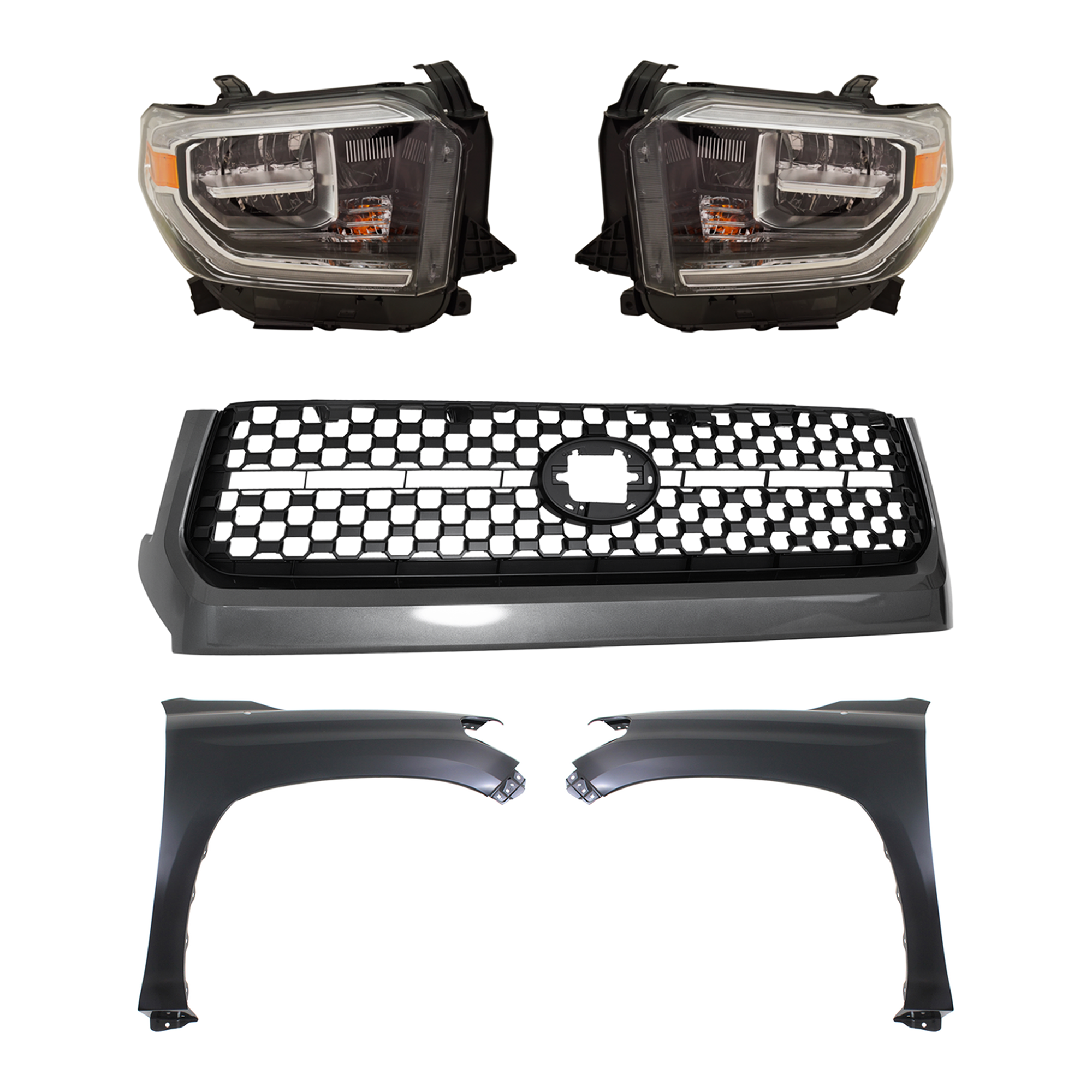 AM TUNDRA 18-19 GRILLE 5 pc Kit with Fenders and Headlights SKU KIT 031323-466 Partslink TO1200451 TO1240249C TO1241249C TO2502262C TO2503262C OEM 531010C010-538110C060-538120C0