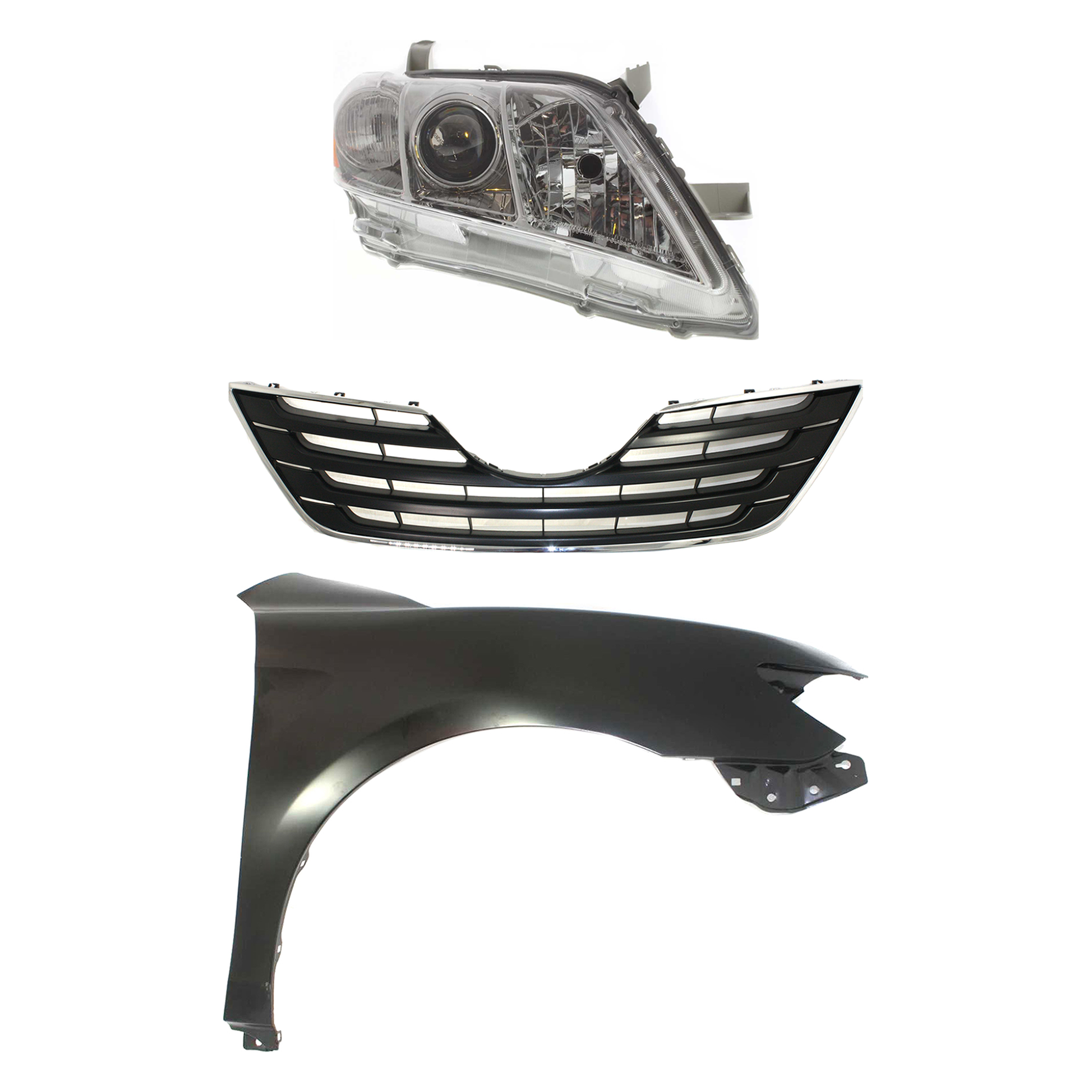 AM CAMRY 07-09 HEAD LAMP RH Lens and Housing Halogen 3 pc Kit with Fender and Grille Assembly SKU KIT 031323-46701 Partslink TO2503167 TO1241211 TO1200289 OEM 8113033652-5380106110-53101060