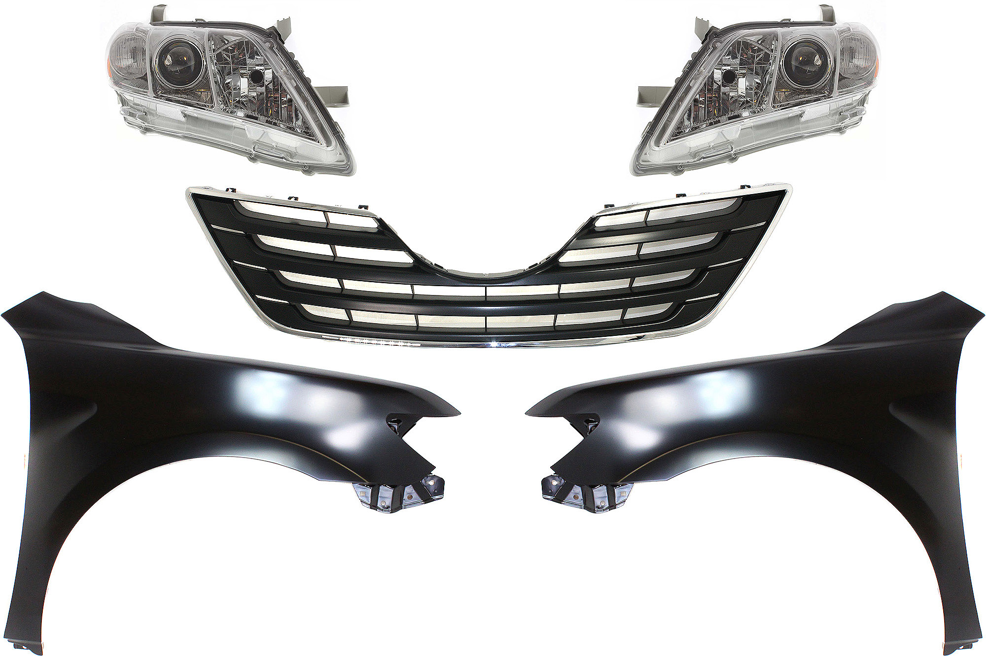 AM CAMRY 07-09 HEAD LAMP RH AND LH Lens and Housing Halogen 5 pc Kit with Fenders and Grille Assembly SKU KIT 031323-467 Partslink TO2502167 TO2503167 TO1240211 TO1241211 TO1200289 OEM 8113033652-8117033652-53802061