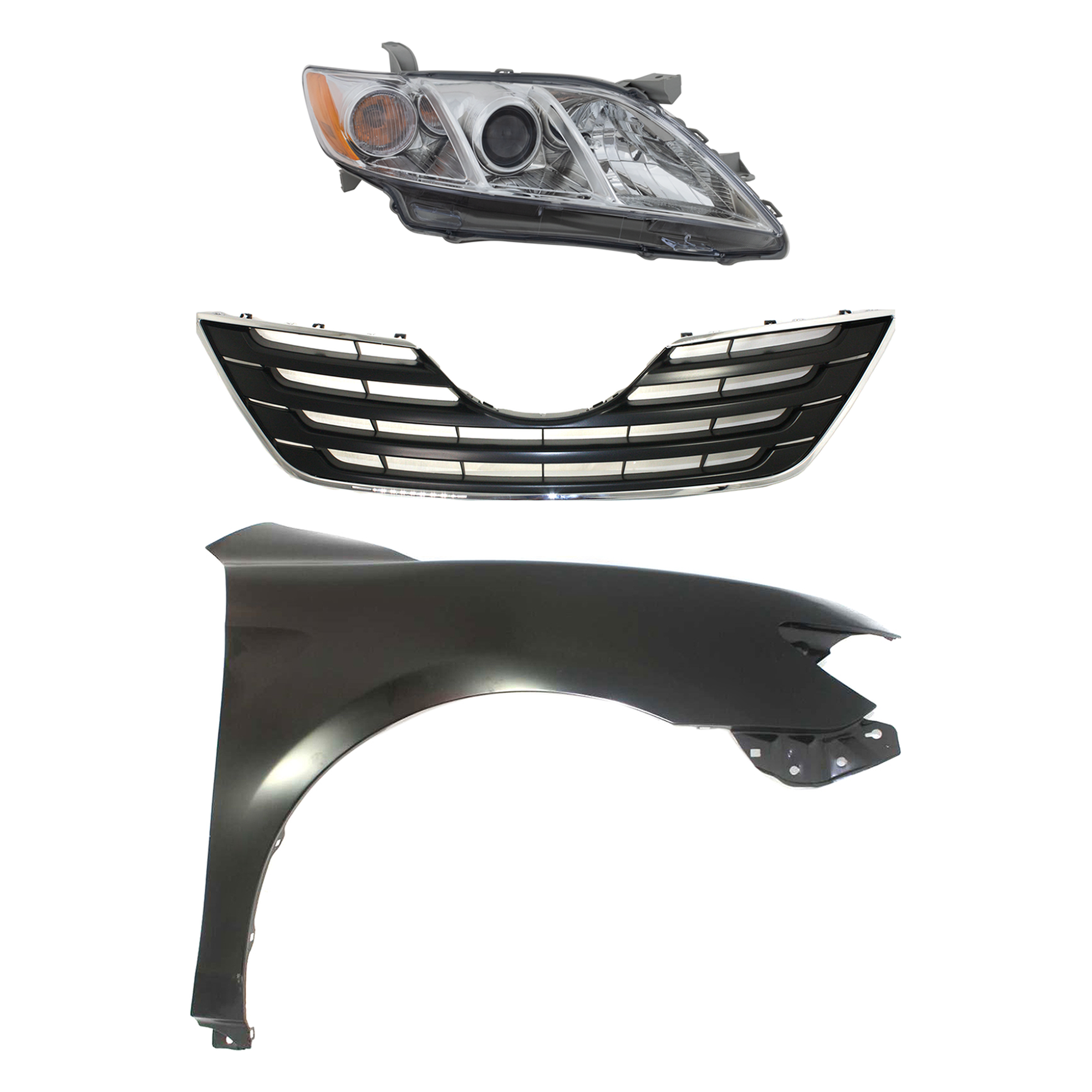 AM CAMRY 07-09 HEAD LAMP RH Assembly Halogen 3 pc Kit with Fender and Grille Assembly SKU KIT 031323-46801 Partslink TO2503197 TO1241211 TO1200289 OEM 8111006B90-5380106110-53101060