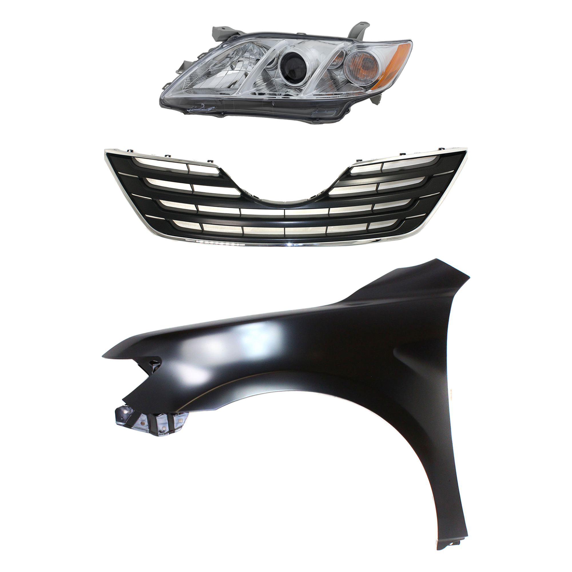 AM CAMRY 07-09 HEAD LAMP LH Assembly Halogen 3 pc Kit with Fender and Grille Assembly SKU KIT 031323-46802 Partslink TO2502197 TO1240211 TO1200289 OEM 8115006B90-5380206120-53101060
