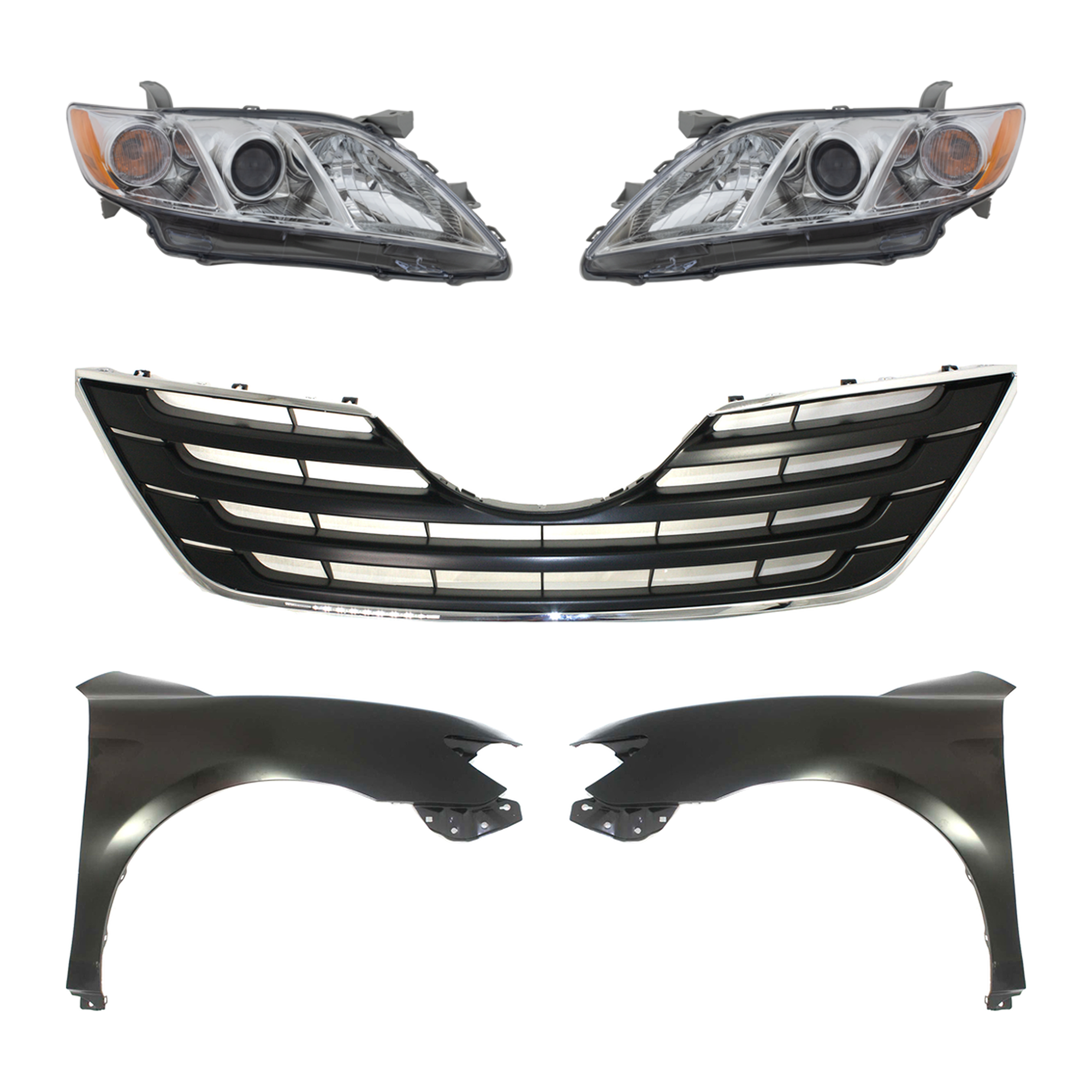 AM CAMRY 07-09 HEAD LAMP RH AND LH Assembly Halogen 5 pc Kit with Fenders and Grille Assembly SKU KIT 031323-468 Partslink TO2502197 TO2503197 TO1240211 TO1241211 TO1200289 OEM 8111006B90-8115006B90-53802061