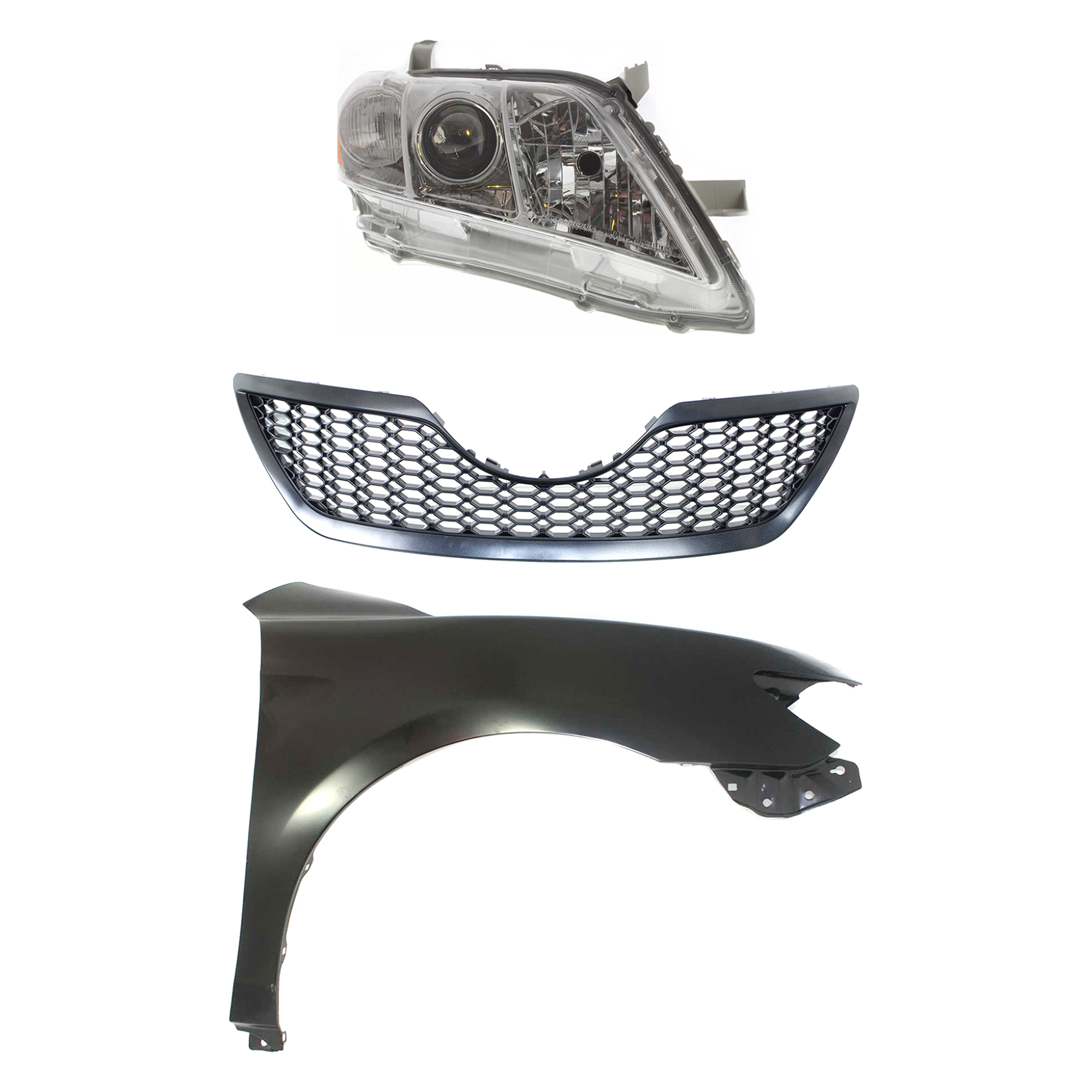 AM CAMRY 07-09 HEAD LAMP RH Lens and Housing Halogen 3 pc Kit with Fender and Grille Assembly SKU KIT 031323-47001 Partslink TO2503167 TO1241211 TO1200291 OEM 8113033652-5380106110-53101061