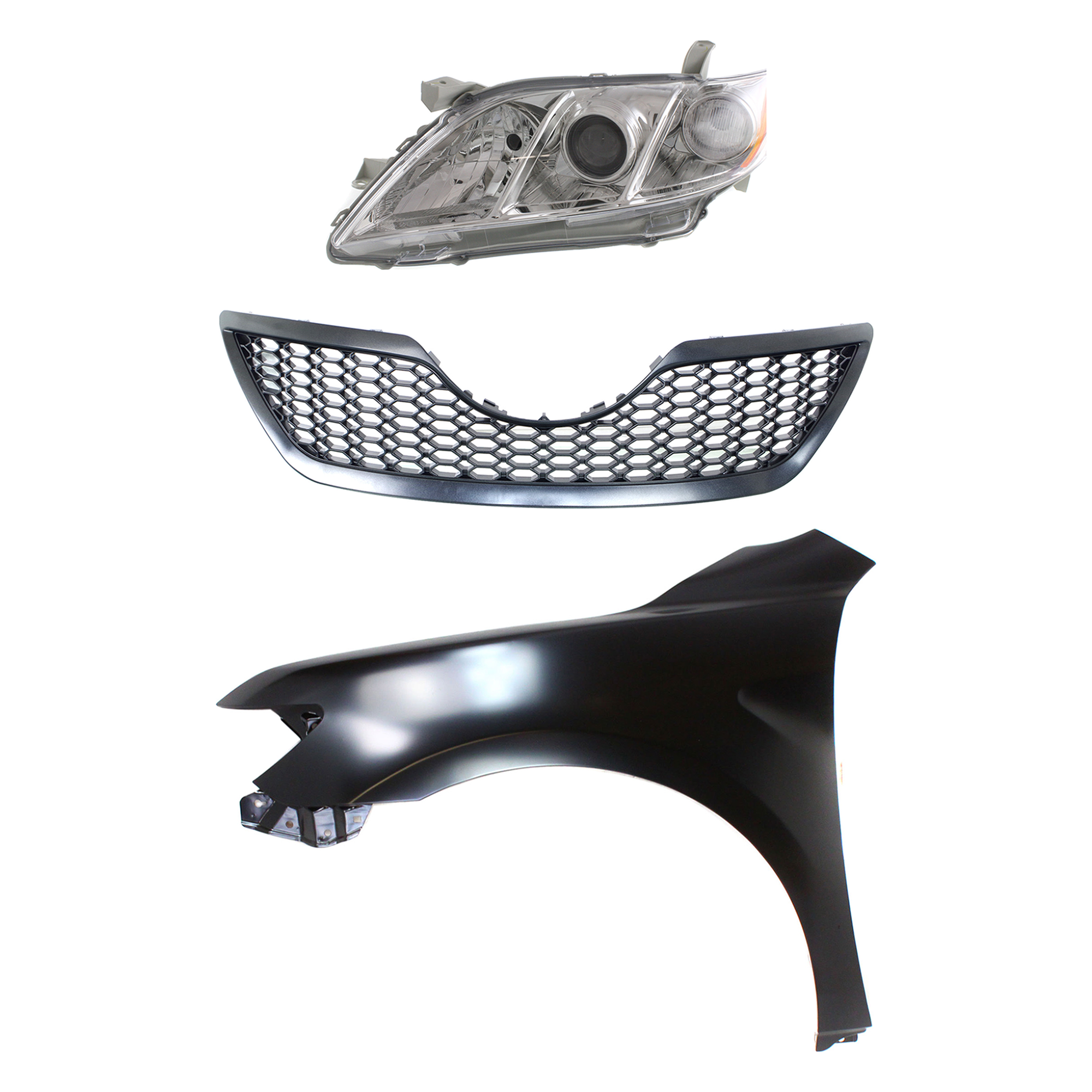 AM CAMRY 07-09 HEAD LAMP LH Lens and Housing Halogen 3 pc Kit with Fender and Grille Assembly SKU KIT 031323-47002 Partslink TO2502167 TO1240211 TO1200291 OEM 8117033652-5380206120-53101061