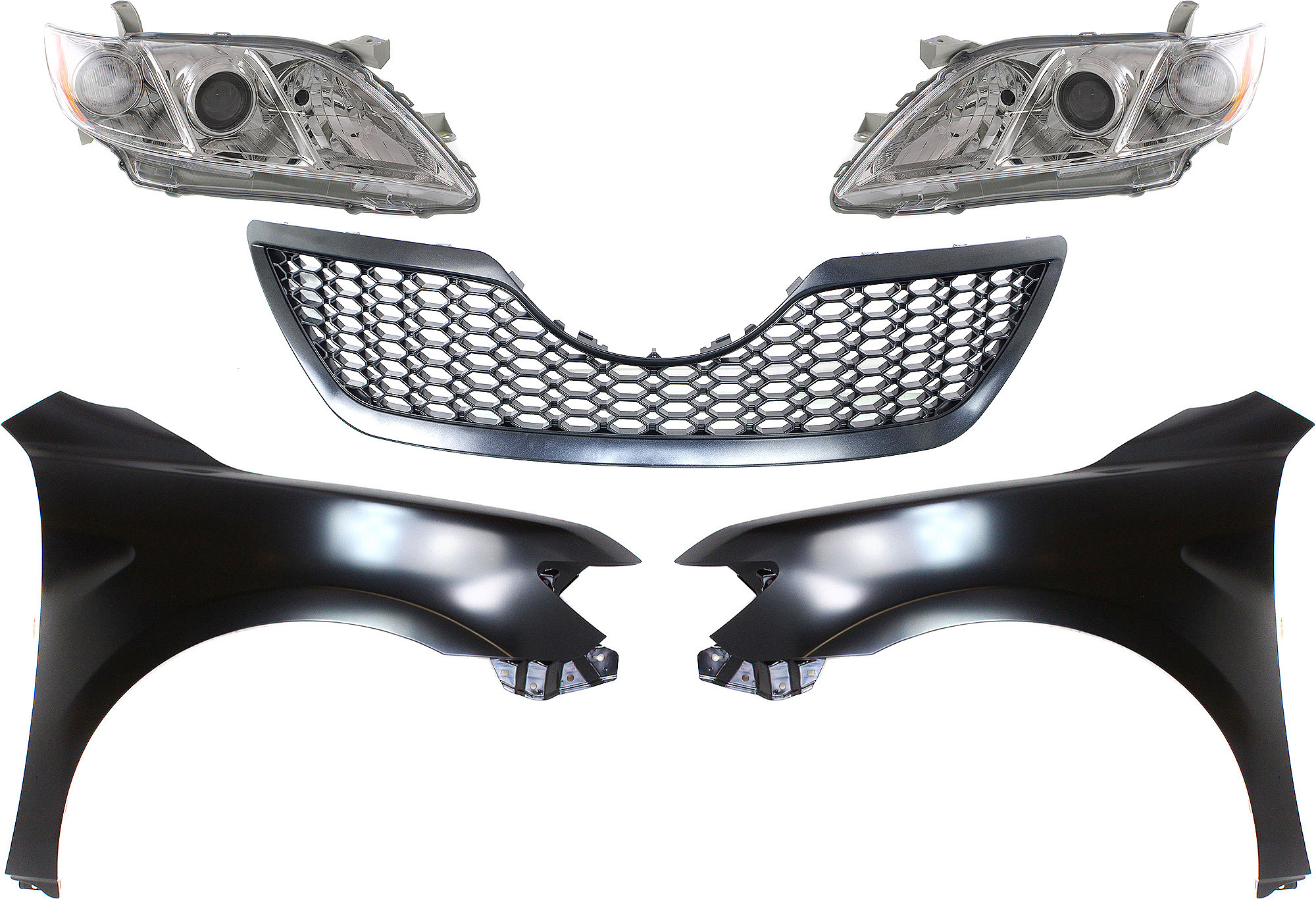 AM CAMRY 07-09 HEAD LAMP RH AND LH Lens and Housing Halogen 5 pc Kit with Fenders and Grille Assembly SKU KIT 031323-470 Partslink TO2502167 TO2503167 TO1240211 TO1241211 TO1200291 OEM 8113033652-8117033652-53802061