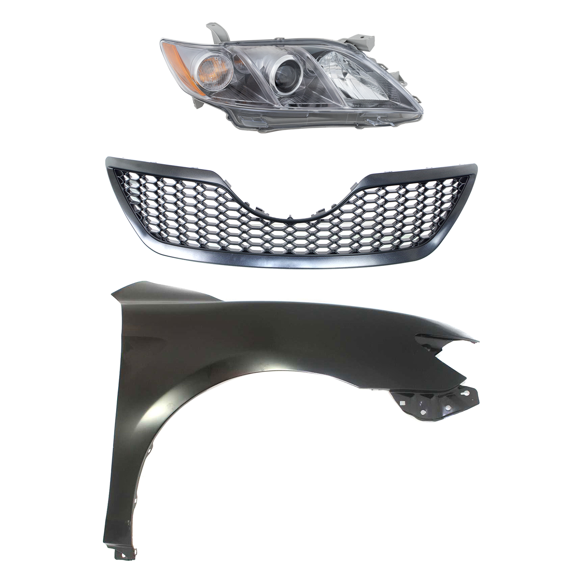 AM CAMRY 07-09 HEAD LAMP RH Assembly Halogen 3 pc Kit with Fender and Grille Assembly SKU KIT 031323-47101 Partslink TO2503168 TO1241211 TO1200291 OEM 8111006C00-5380106110-53101061