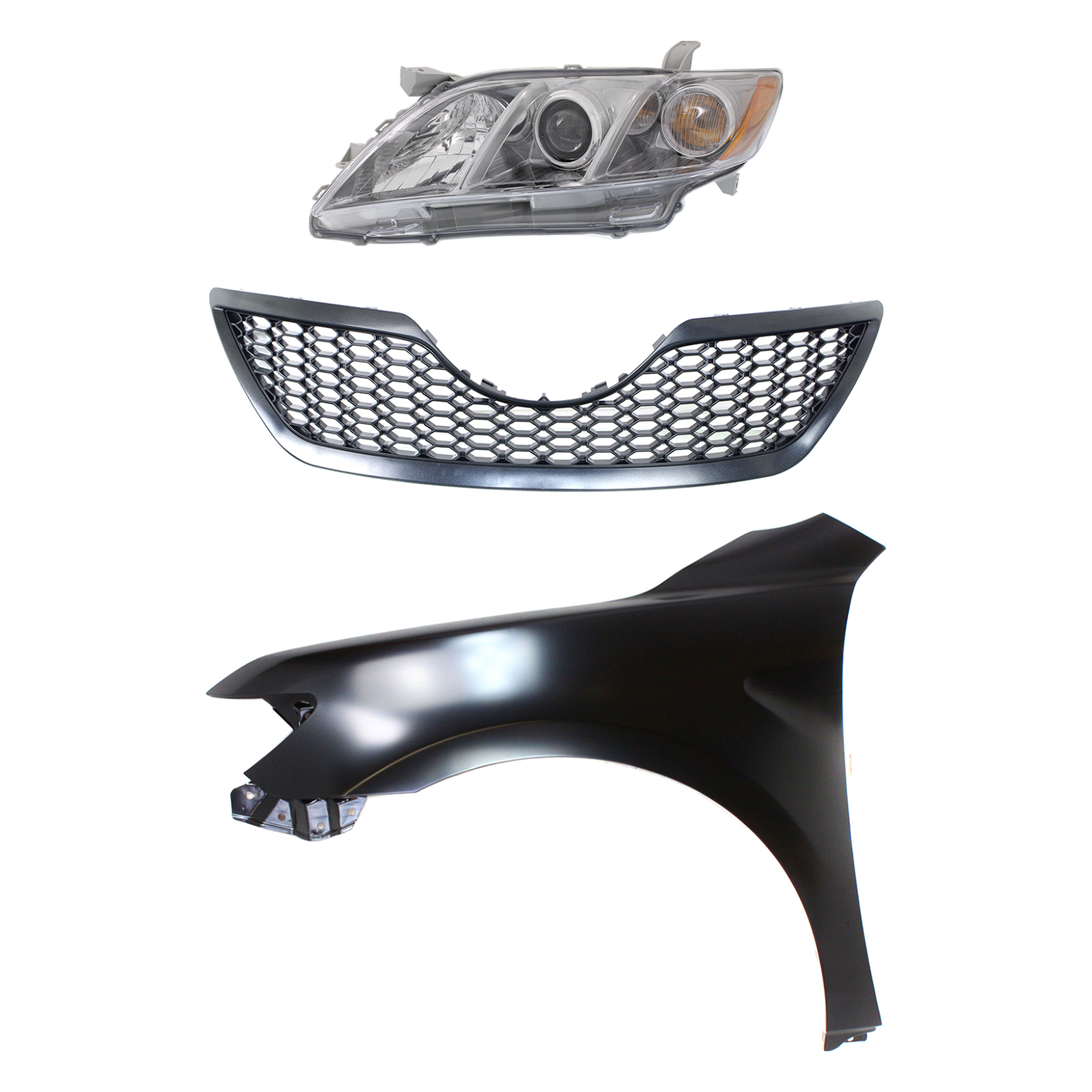 AM CAMRY 07-09 HEAD LAMP LH Assembly Halogen 3 pc Kit with Fender and Grille Assembly SKU KIT 031323-47102 Partslink TO2502168 TO1240211 TO1200291 OEM 8115006C00-5380206120-53101061