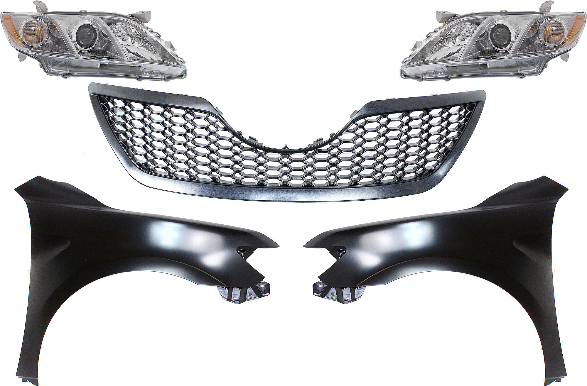 AM CAMRY 07-09 HEAD LAMP RH AND LH Assembly Halogen 5 pc Kit with Fenders and Grille Assembly SKU KIT 031323-471 Partslink TO2502168 TO2503168 TO1240211 TO1241211 TO1200291 OEM 8111006C00-8115006C00-53802061