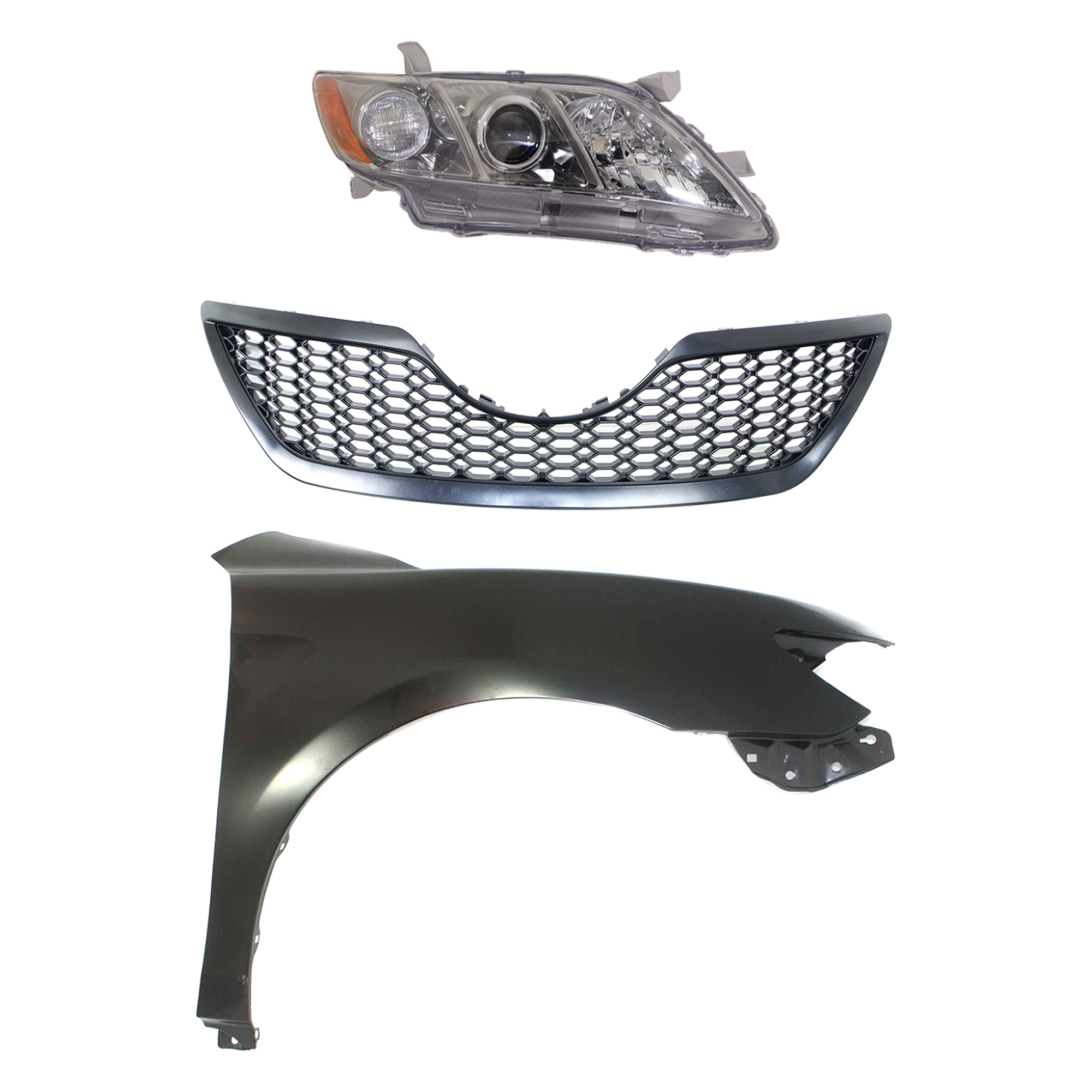AM CAMRY 07-09 HEAD LAMP RH Lens and Housing Halogen 3 pc Kit with Fender and Grille Assembly SKU KIT 031323-47301 Partslink TO2519130 TO1241211 TO1200291 OEM 8113006212-5380106110-53101061