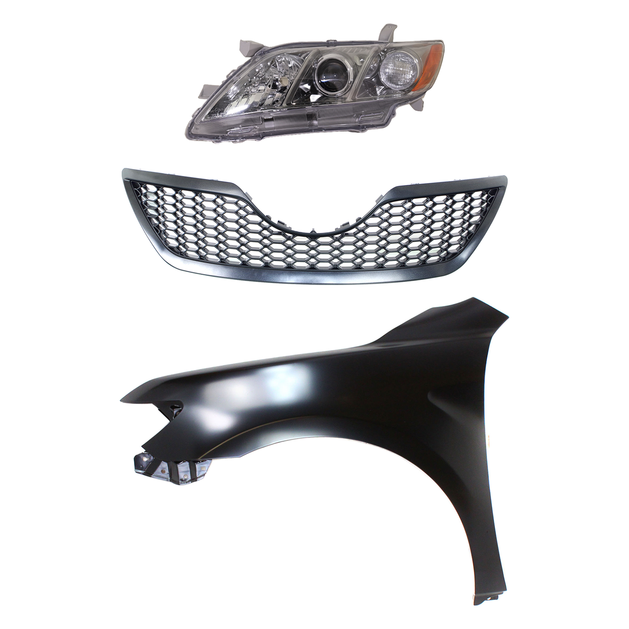 AM CAMRY 07-09 HEAD LAMP LH Lens and Housing Halogen 3 pc Kit with Fender and Grille Assembly SKU KIT 031323-47302 Partslink TO2518130 TO1240211 TO1200291 OEM 8117006212-5380206120-53101061