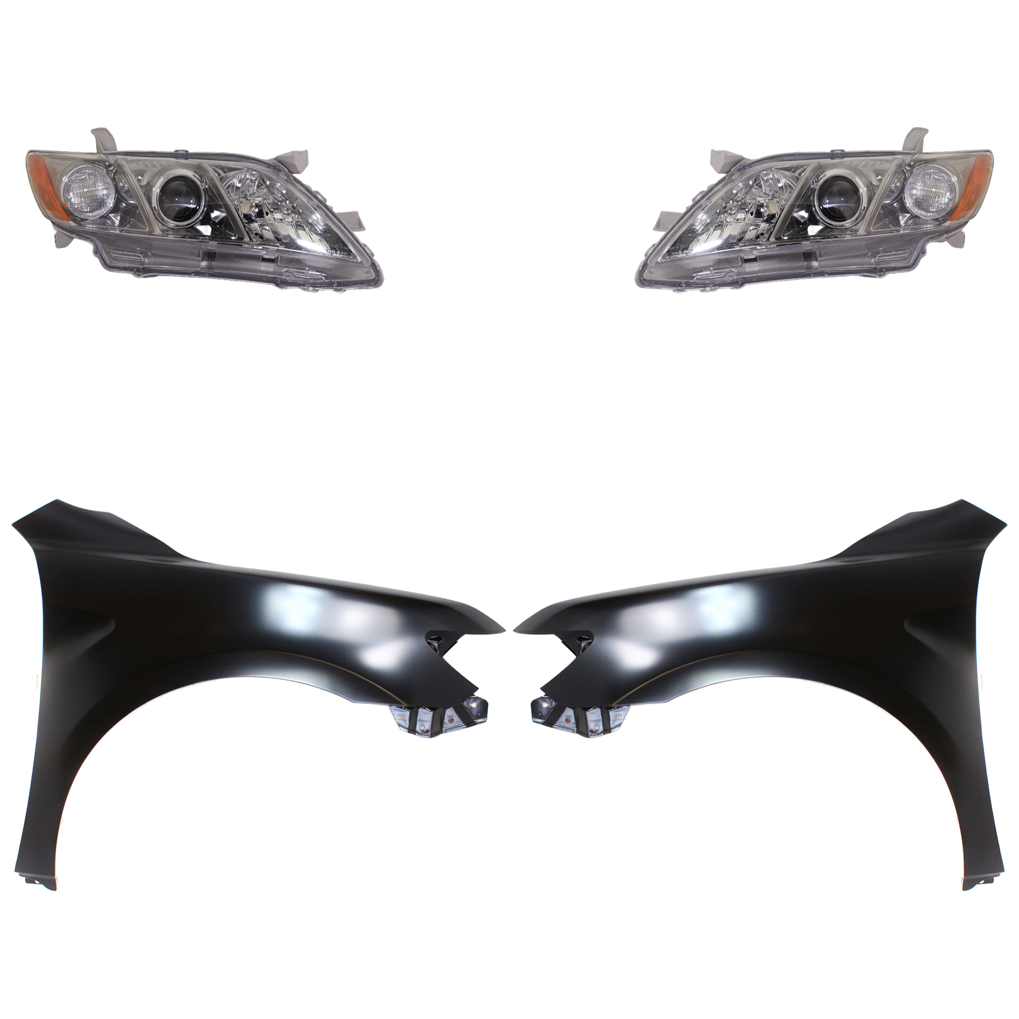 AM CAMRY 07-09 HEAD LAMP RH AND LH Lens and Housing Halogen 4 pc Kit with Fenders SKU KIT 031323-47303 Partslink TO2519130 TO2518130 TO1240211 TO1241211 OEM 8113006212-8117006212-53802061