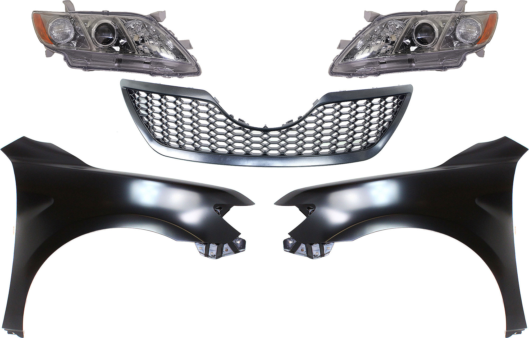 AM CAMRY 07-09 HEAD LAMP RH AND LH Lens and Housing Halogen 5 pc Kit with Fenders and Grille Assembly SKU KIT 031323-473 Partslink TO2518130 TO2519130 TO1240211 TO1241211 TO1200291 OEM 8113006212-8117006212-53802061