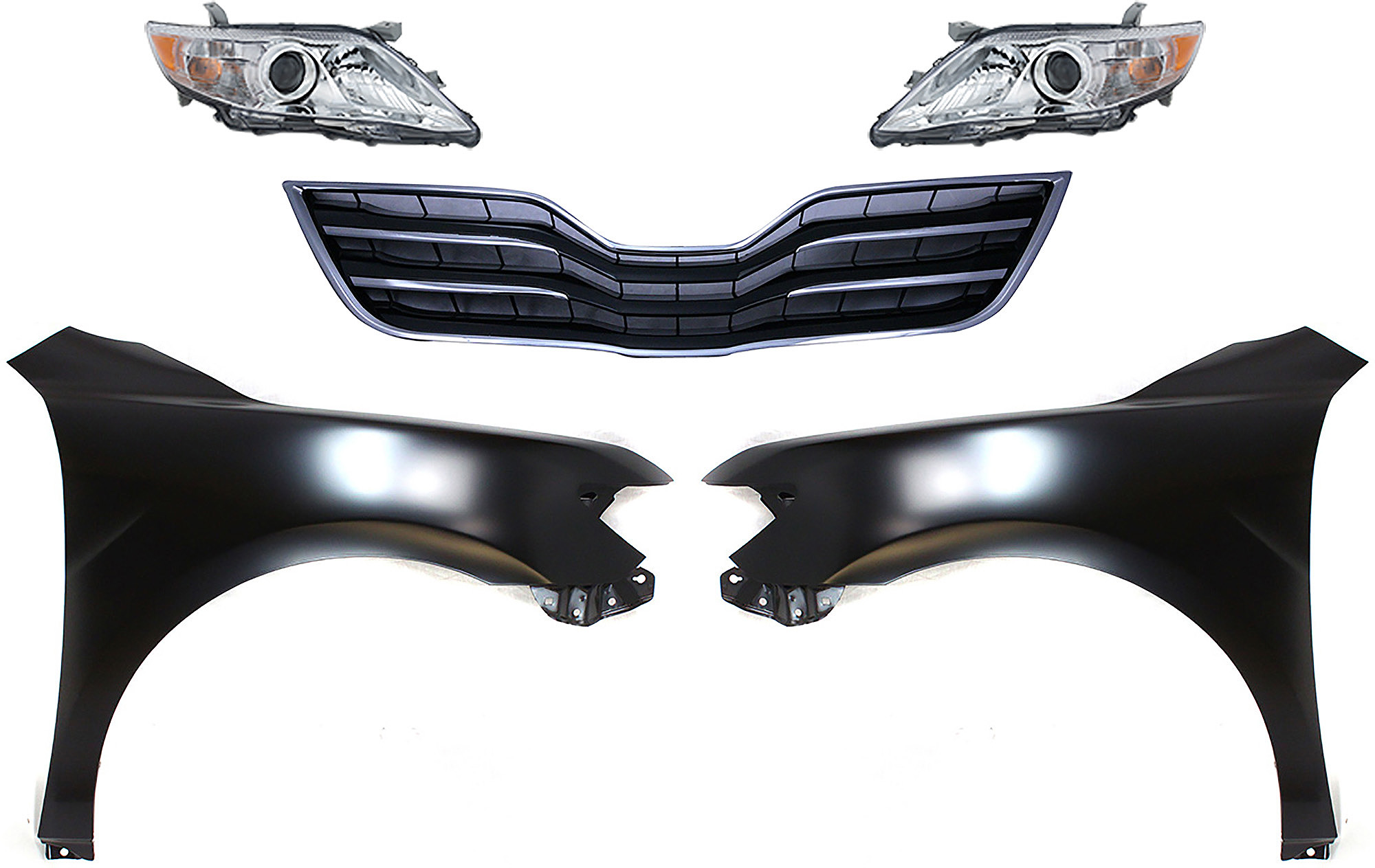 AM CAMRY 10-11 HEAD LAMP RH AND LH Assembly Halogen 5 pc Kit with Fenders and Grille Assembly CAPA SKU KIT 031323-53 Partslink TO1200325 TO1240211C TO1241211C TO2502191C TO2503191C OEM 5310106190C0-5380106110-538020