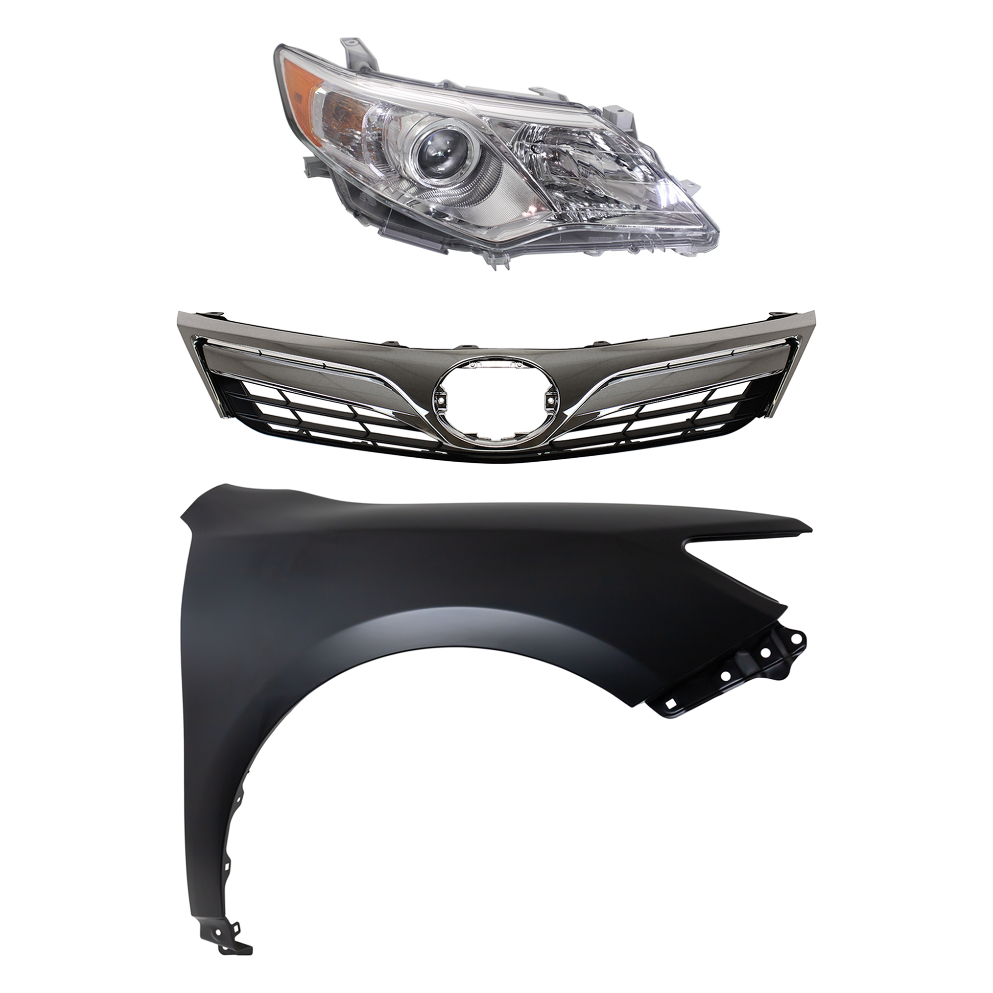 AM CAMRY 12-14 HEAD LAMP RH Assembly Halogen 3 pc Kit with Fender and Grille Assembly SKU KIT 031323-5701 Partslink TO2503211 TO1241239 TO1200343 OEM 8111006470-5381106140-53101065