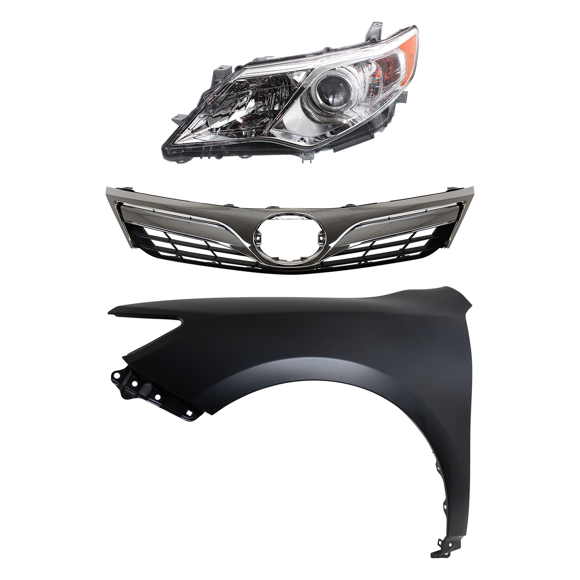 AM CAMRY 12-14 HEAD LAMP LH Assembly Halogen 3 pc Kit with Fender and Grille Assembly SKU KIT 031323-5702 Partslink TO2502211 TO1240239 TO1200343 OEM 8115006470-5381206150-53101065
