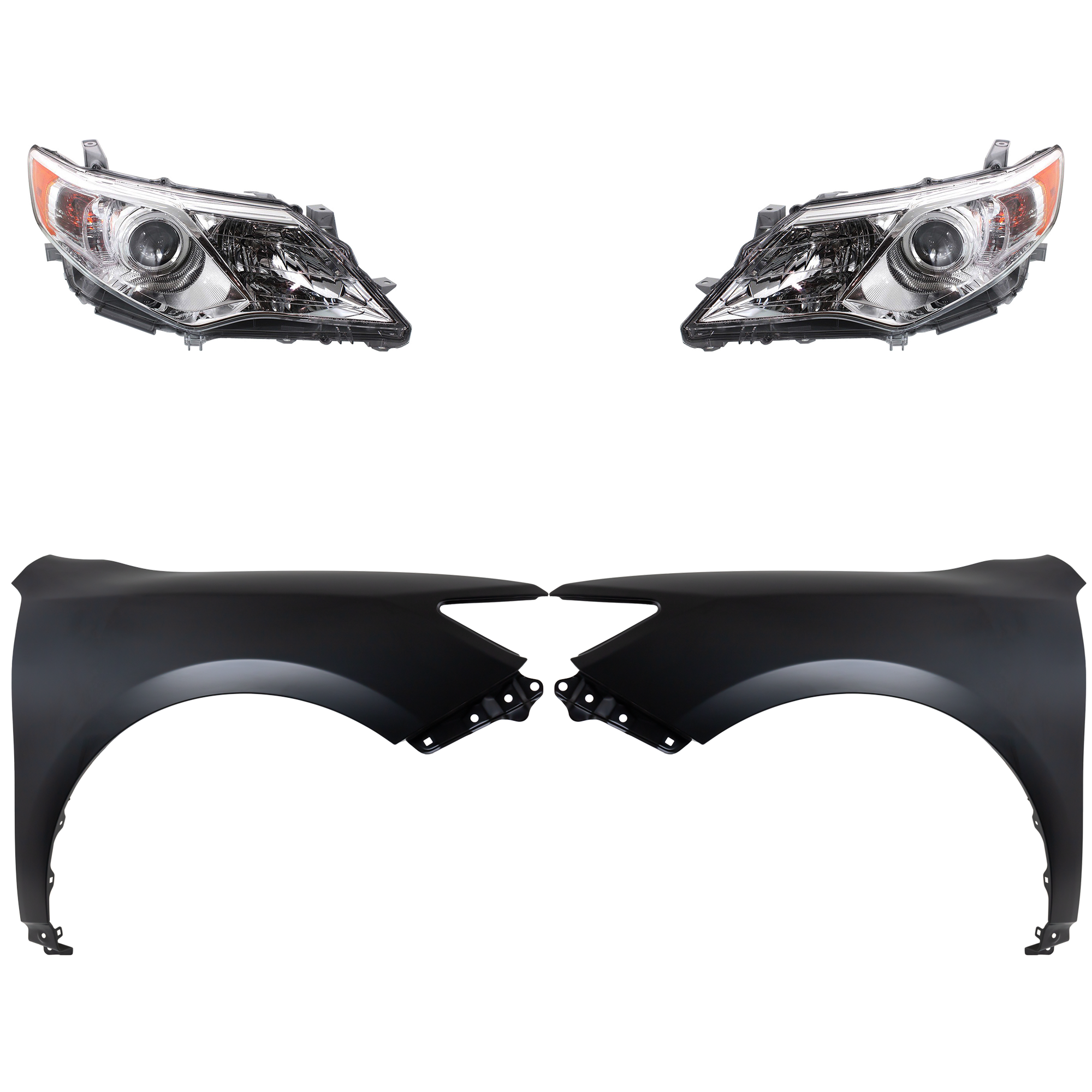 AM CAMRY 12-14 HEAD LAMP RH AND LH Assembly Halogen 4 pc Kit with Fenders SKU KIT 031323-5703 Partslink TO2503211 TO2502211 TO1240239 TO1241239 OEM 8111006470-8115006470-53812061
