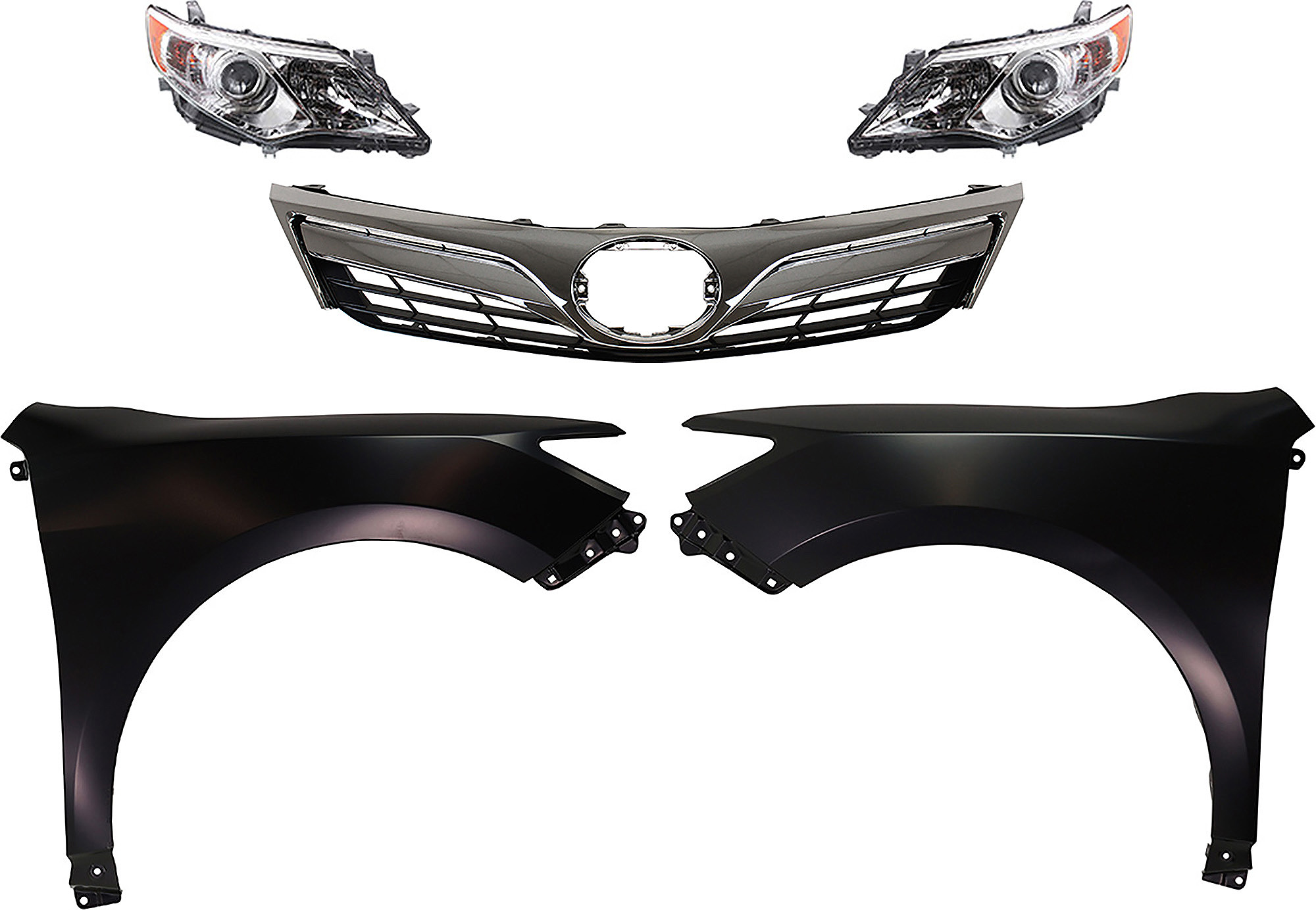AM CAMRY 12-14 HEAD LAMP RH AND LH Assembly Halogen 5 pc Kit with Fenders and Grille Assembly SKU KIT 031323-57 Partslink TO2502211 TO2503211 TO1241239 TO1240239 TO1200343 OEM 8111006470-8115006470-53811061