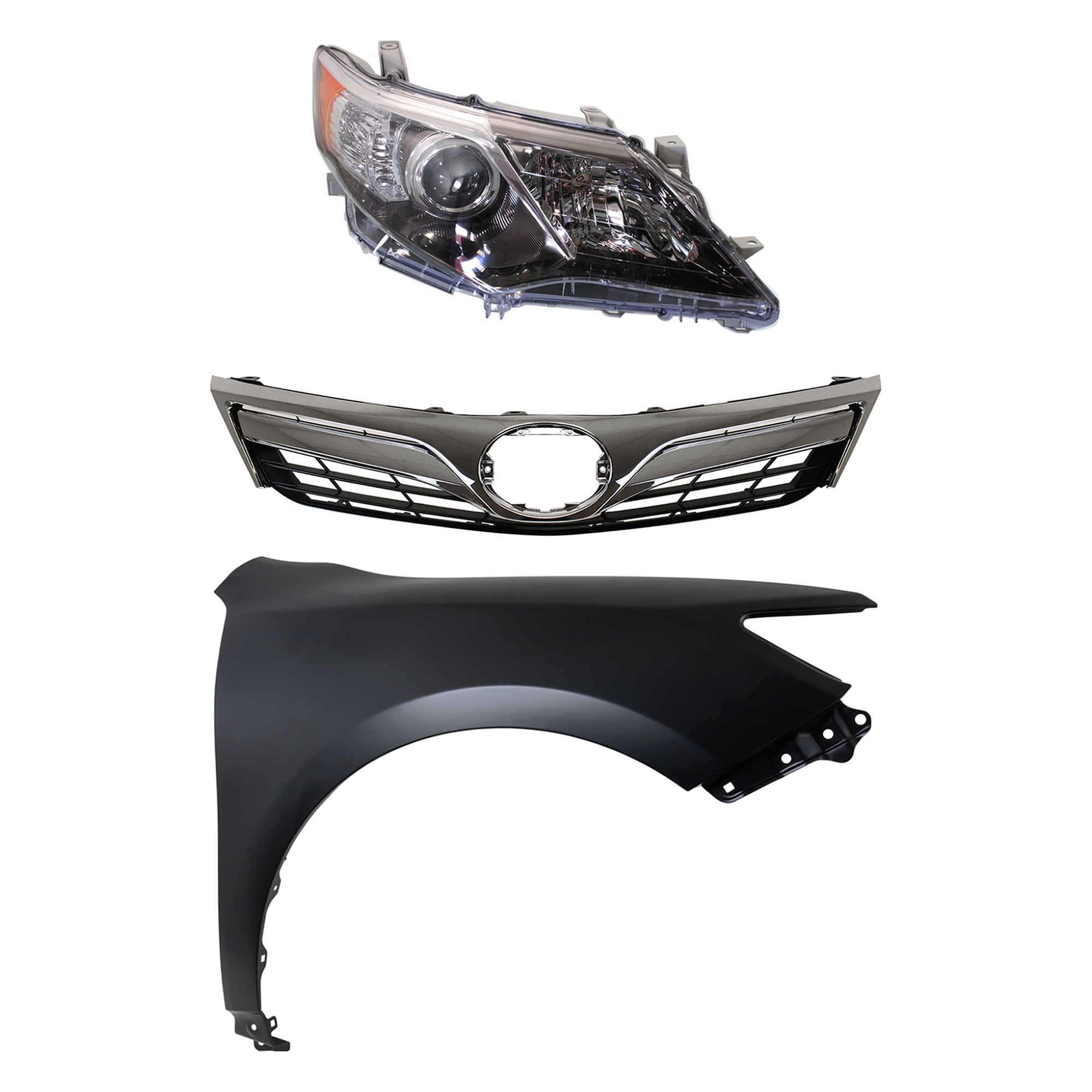 AM CAMRY 12-14 HEAD LAMP RH 3 pc Kit Lens and Housing HID Xenon LE XLE Models with Fender and Grille SKU KIT 031323-5801 Partslink TO2519135 TO1241239 TO1200343 OEM 8113006890-5381106140-53101065