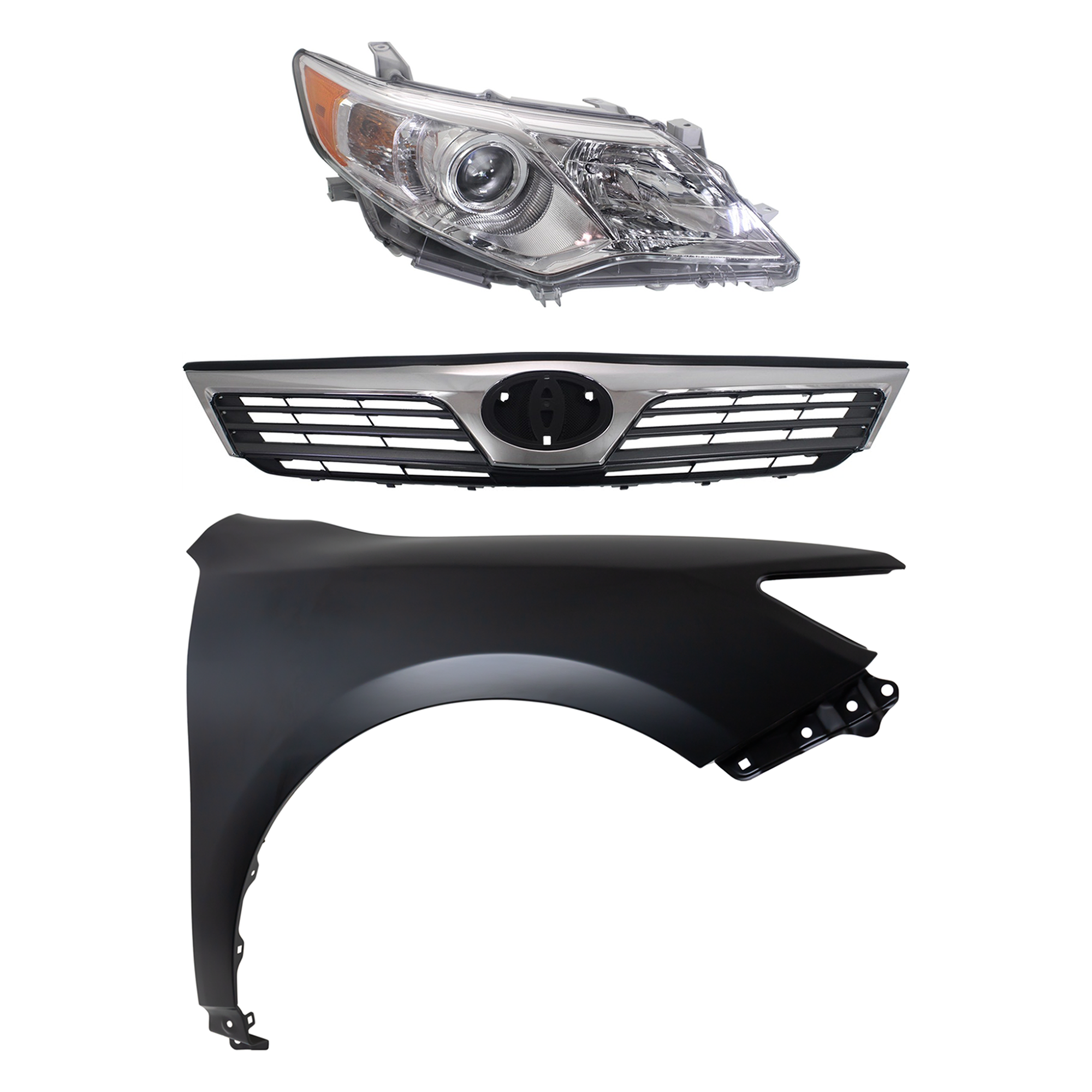 AM CAMRY 12-14 HEAD LAMP RH Assembly Halogen 3 pc Kit with Fender and Grille Assembly SKU KIT 031323-5901 Partslink TO2503211 TO1241239 TO1200344 OEM 8111006470-5381106140-53101063