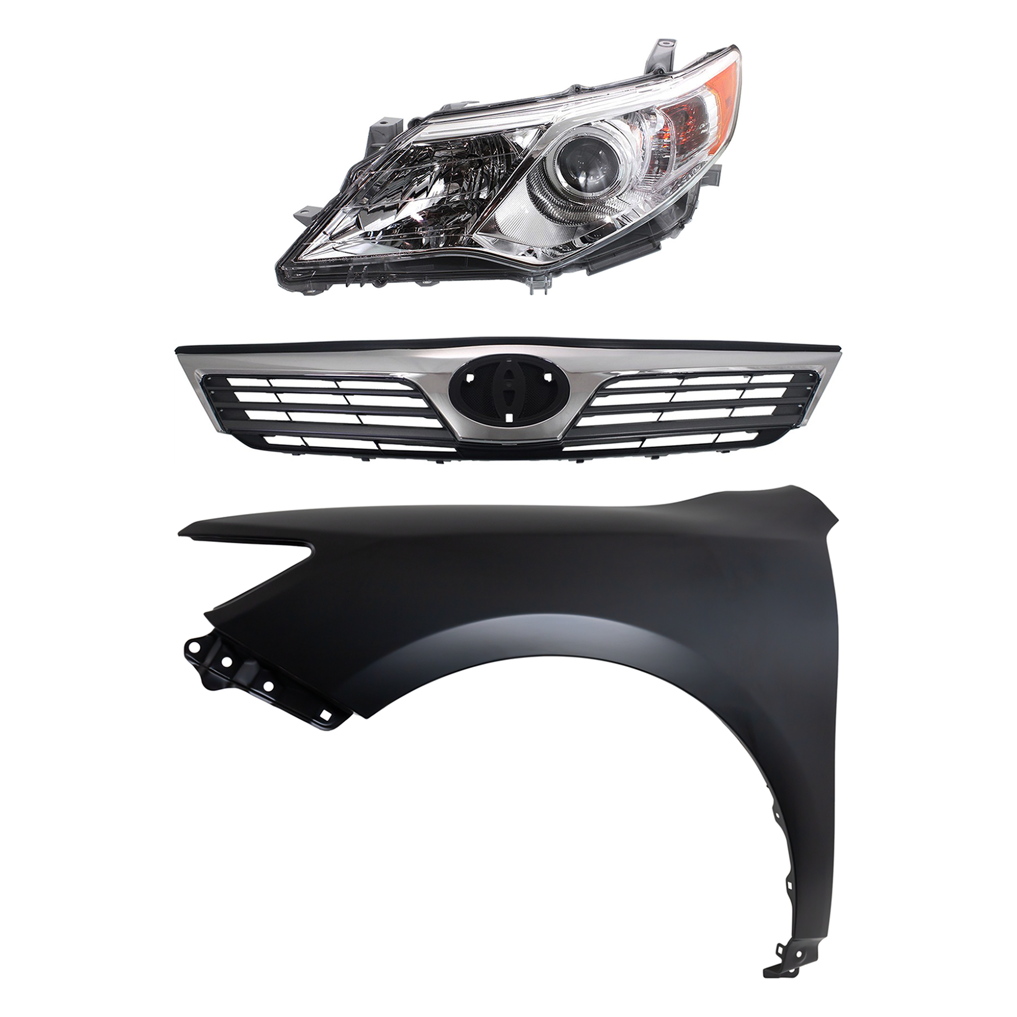 AM CAMRY 12-14 HEAD LAMP LH Assembly Halogen 3 pc Kit with Fender and Grille Assembly SKU KIT 031323-5902 Partslink TO2502211 TO1240239 TO1200344 OEM 8115006470-5381206150-53101063