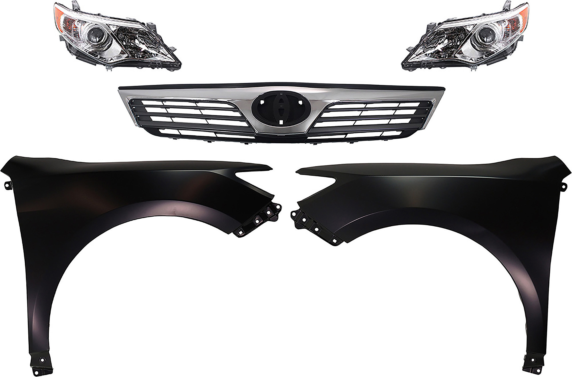 AM CAMRY 12-14 HEAD LAMP RH AND LH Assembly Halogen 5 pc Kit with Fenders and Grille Assembly SKU KIT 031323-59 Partslink TO2502211 TO2503211 TO1241239 TO1240239 TO1200344 OEM 8111006470-8115006470-53811061