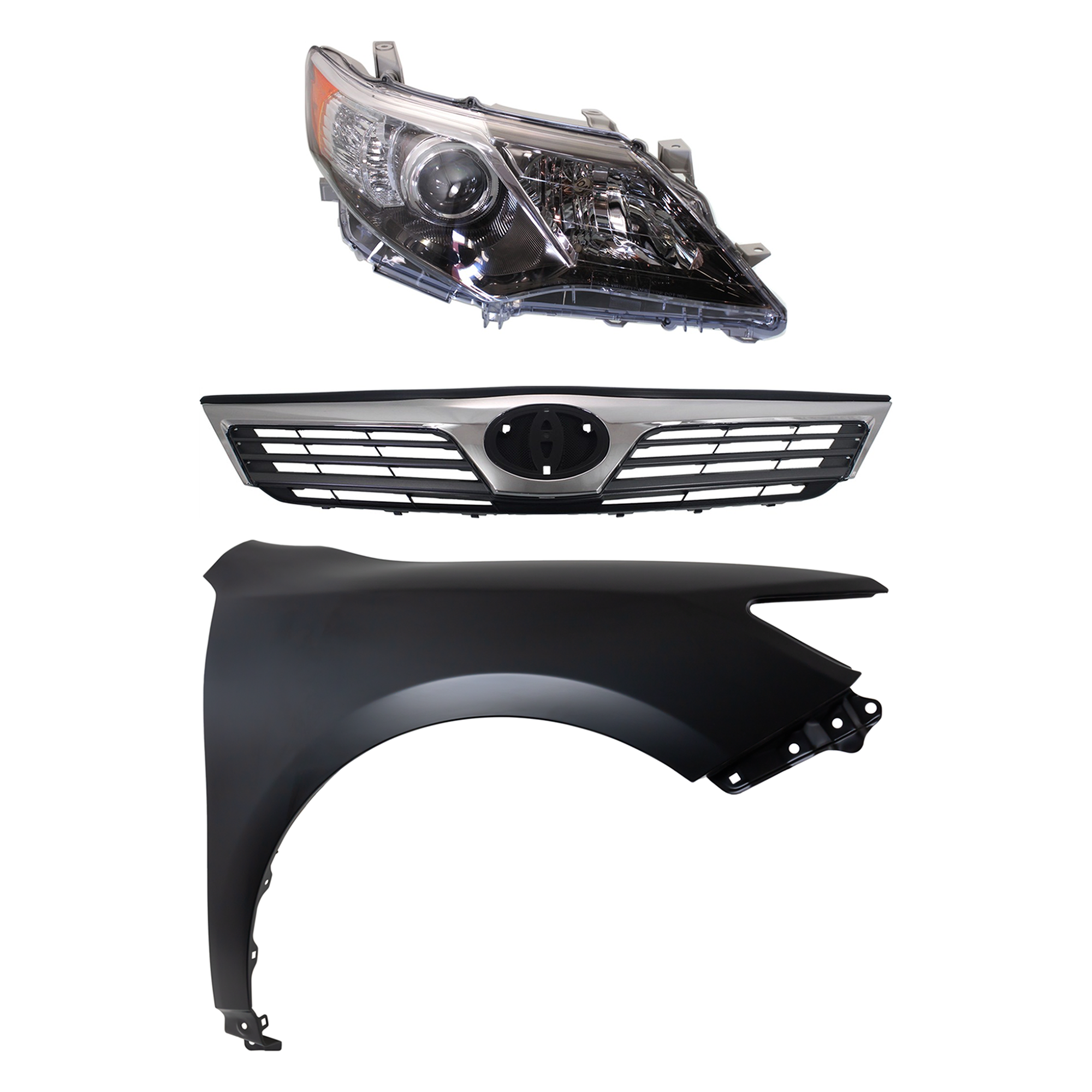 AM CAMRY 12-14 HEAD LAMP RH 3 pc Kit Lens and Housing HID Xenon L Models with Fender and Grille SKU KIT 031323-6001 Partslink TO2519135 TO1241239 TO1200344 OEM 8113006890-5381106140-53101063