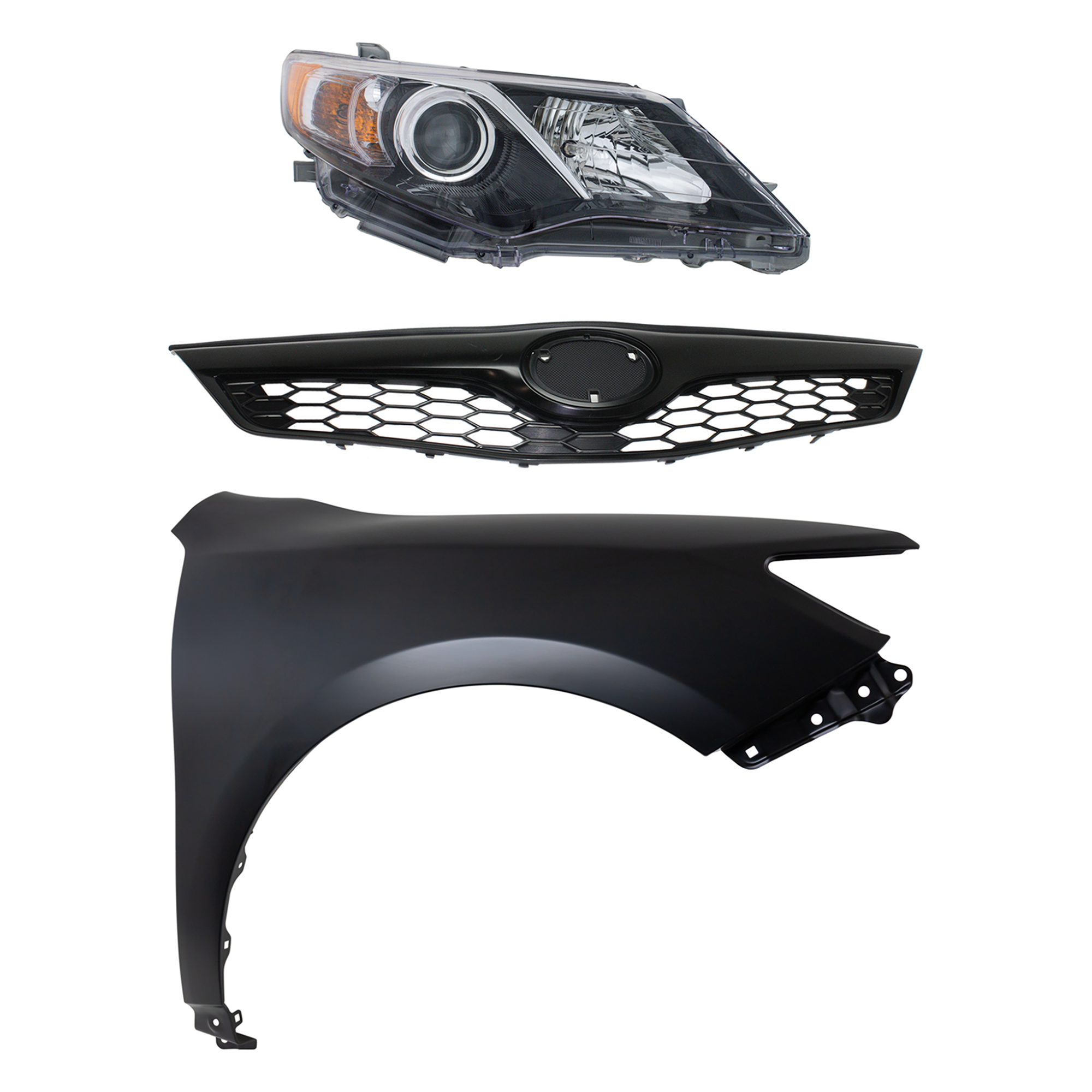 AM CAMRY 12-14 HEAD LAMP RH Assembly Halogen 3 pc Kit with Fender and Grille Assembly SKU KIT 031323-6101 Partslink TO2503212 TO1241239 TO1200354 OEM 8111006800-5381106140-53101063