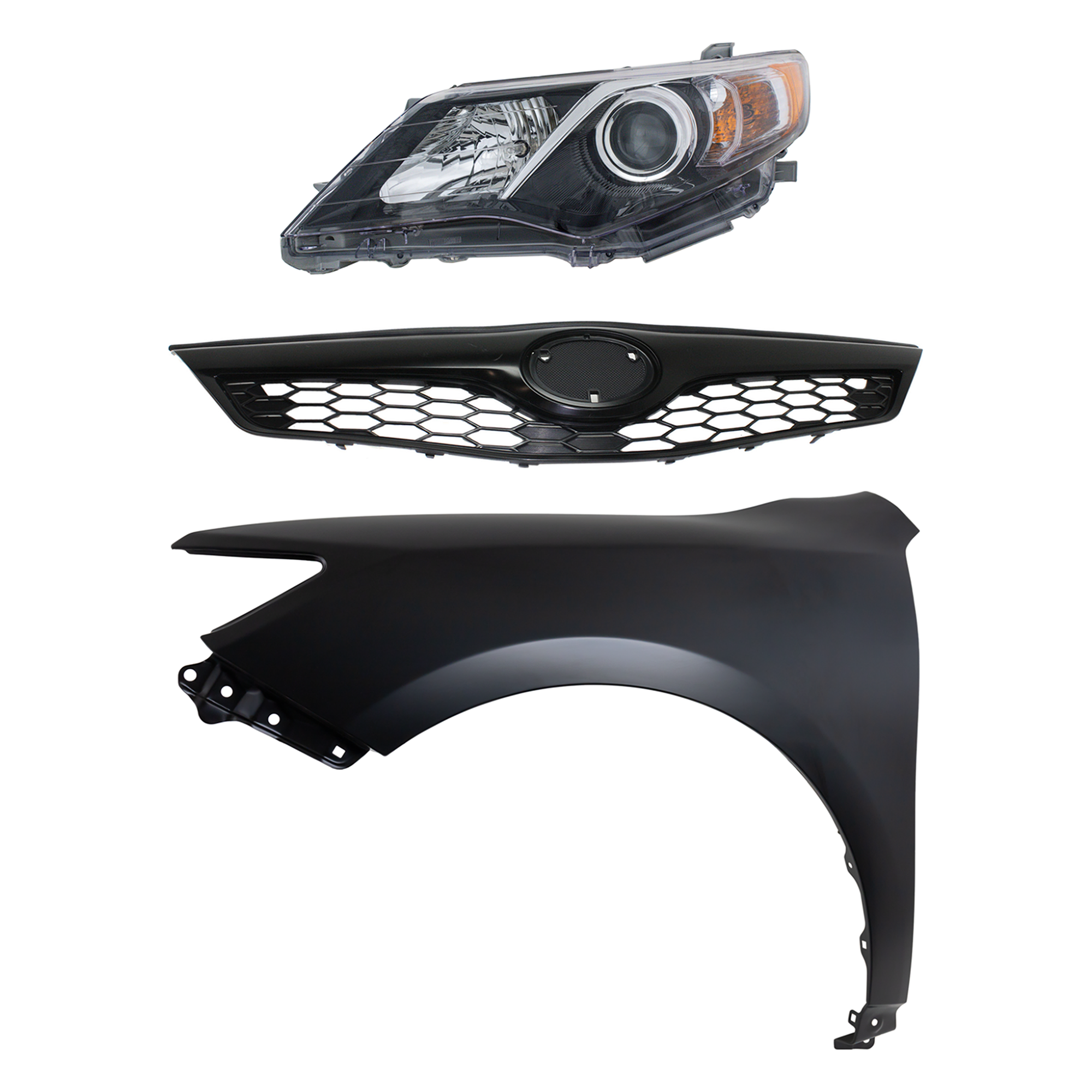 AM CAMRY 12-14 HEAD LAMP LH Assembly Halogen 3 pc Kit with Fender and Grille Assembly SKU KIT 031323-6102 Partslink TO2502212 TO1240239 TO1200354 OEM 8115006800-5381206150-53101063