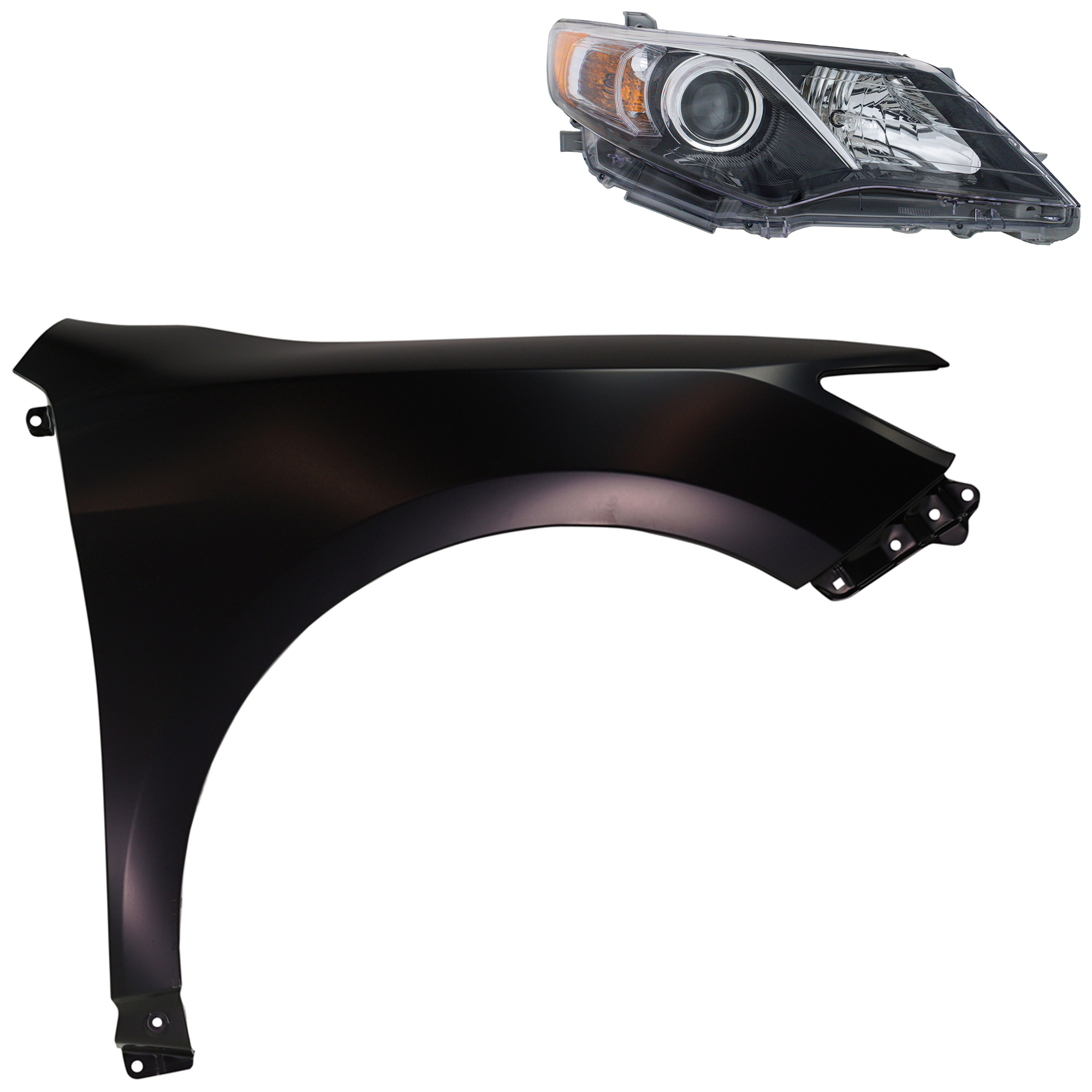 AM CAMRY 12-14 HEAD LAMP RH Assembly Halogen 2 pc Kit with Fender SKU KIT 031323-6104 Partslink TO2503212 TO1241239 OEM 8111006800-5381106140