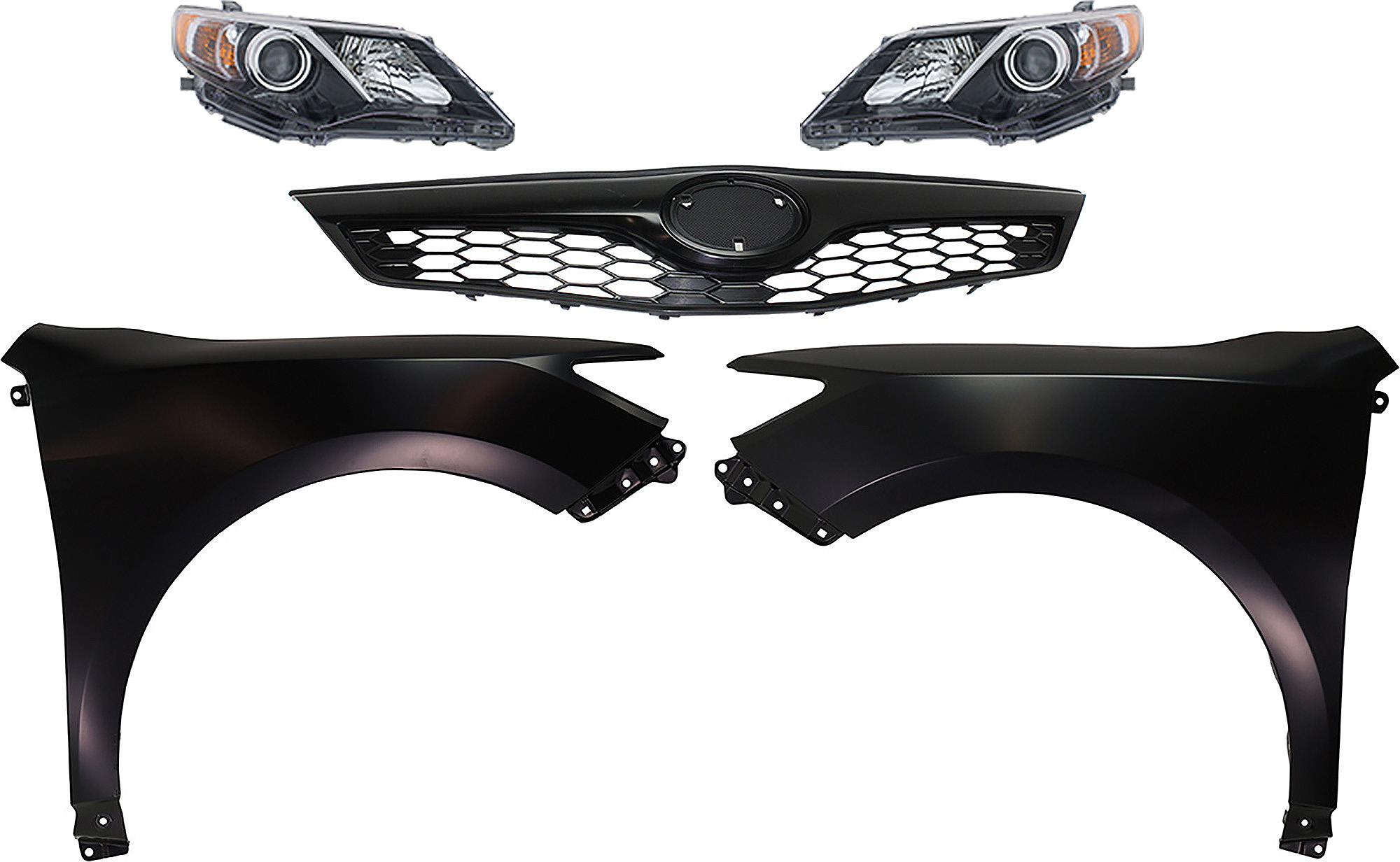 AM CAMRY 12-14 HEAD LAMP RH AND LH Assembly Halogen 5 pc Kit with Fenders and Grille Assembly SKU KIT 031323-61 Partslink TO2503212 TO2502212 TO1241239 TO1240239 TO1200354 OEM 8111006800-8115006800-53811061