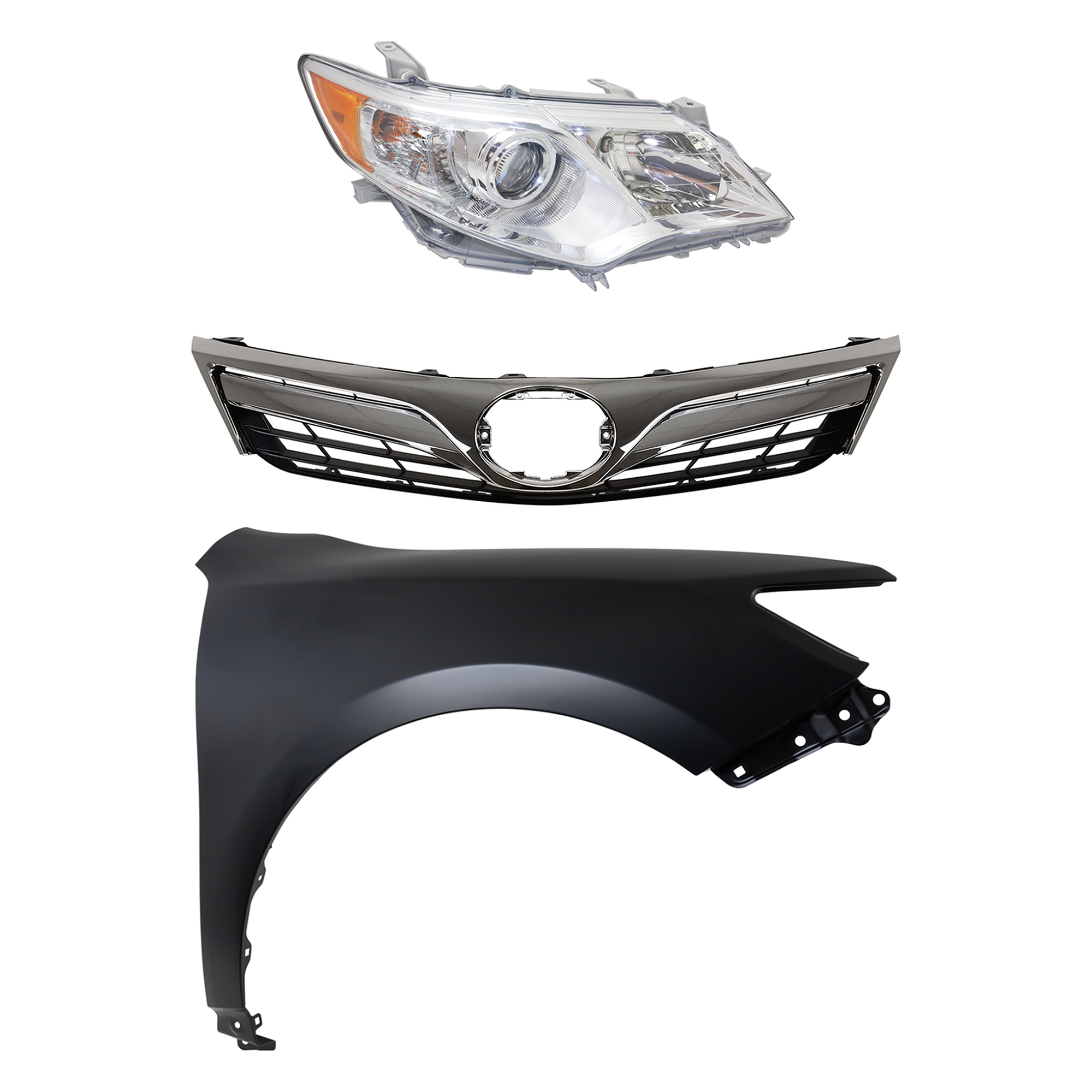AM CAMRY 12-14 HEAD LAMP RH Assembly Halogen 3 pc Kit with Fender and Grille Assembly CAPA SKU KIT 031323-6601 Partslink TO1200343C TO1241239C TO2503211C OEM 5310106560-5381106140-81110064