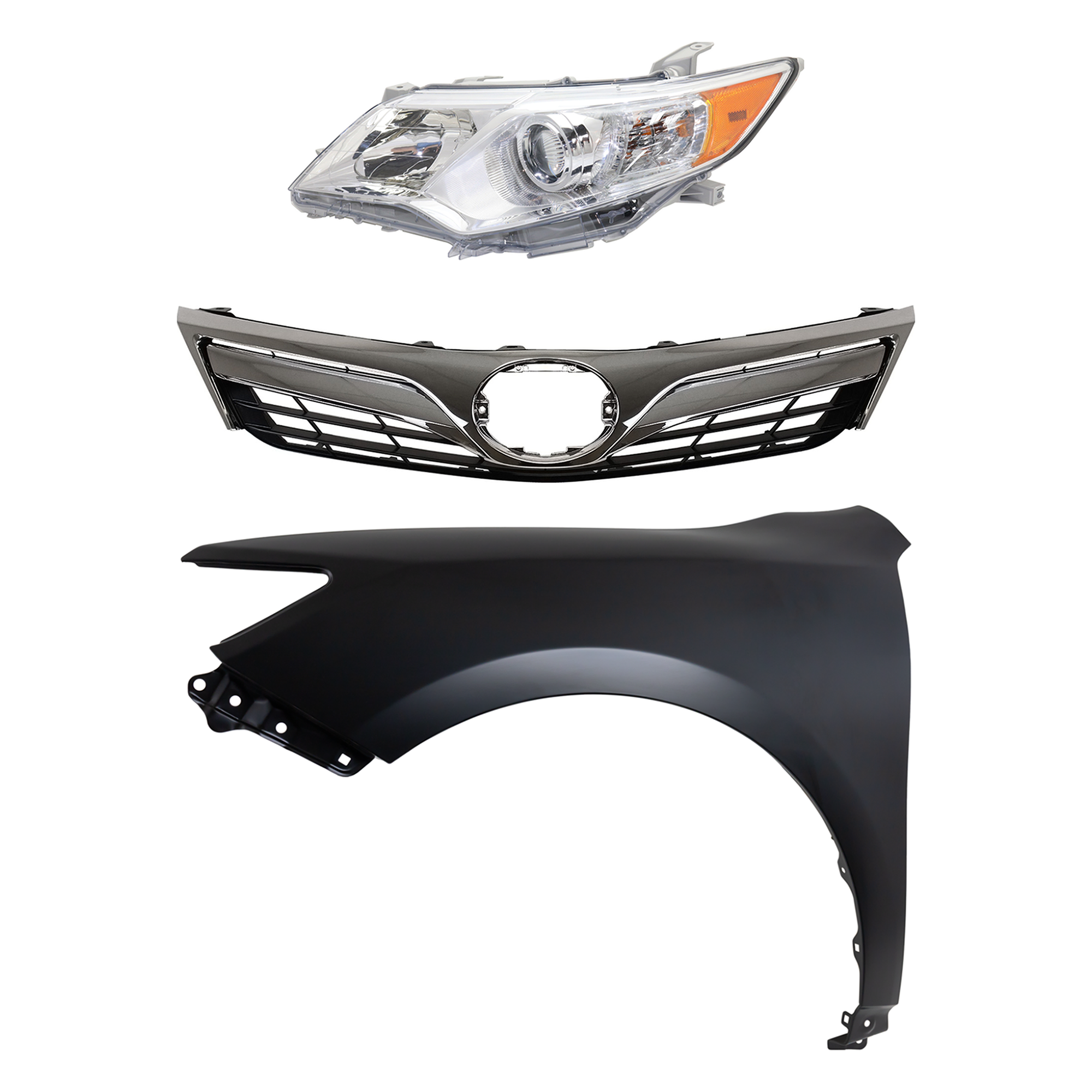 AM CAMRY 12-14 HEAD LAMP LH Assembly Halogen 3 pc Kit with Fender and Grille Assembly CAPA SKU KIT 031323-6602 Partslink TO1200343C TO1240239C TO2502211C OEM 5310106560-5381206150-81150064