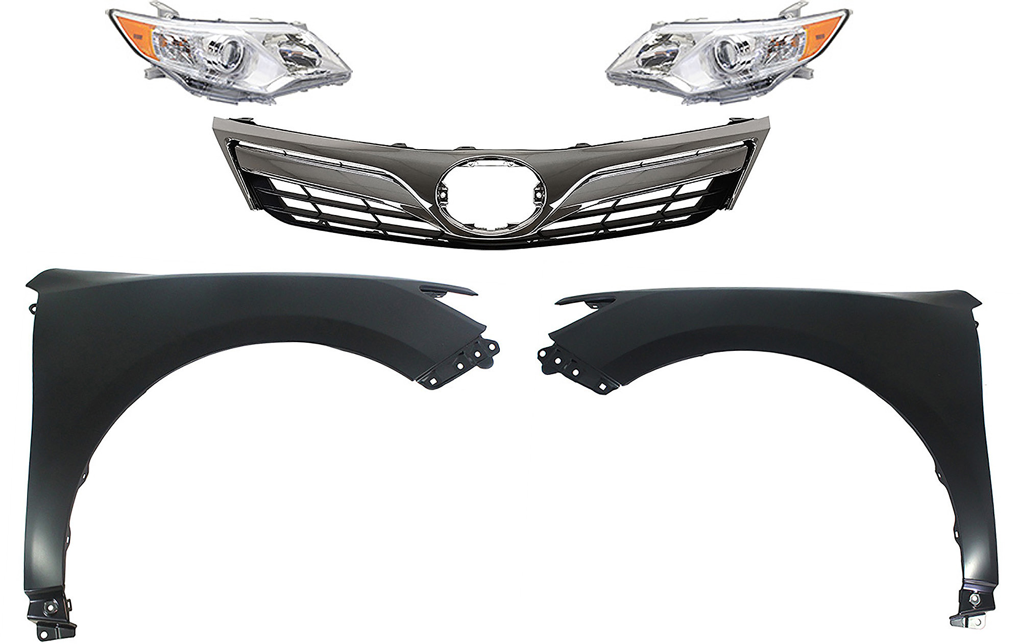 AM CAMRY 12-14 HEAD LAMP RH AND LH Assembly Halogen 5 pc Kit with Fenders and Grille Assembly CAPA SKU KIT 031323-66 Partslink TO1200343C TO1240239C TO1241239C TO2502211C TO2503211C OEM 5310106560-5381106140-53812061