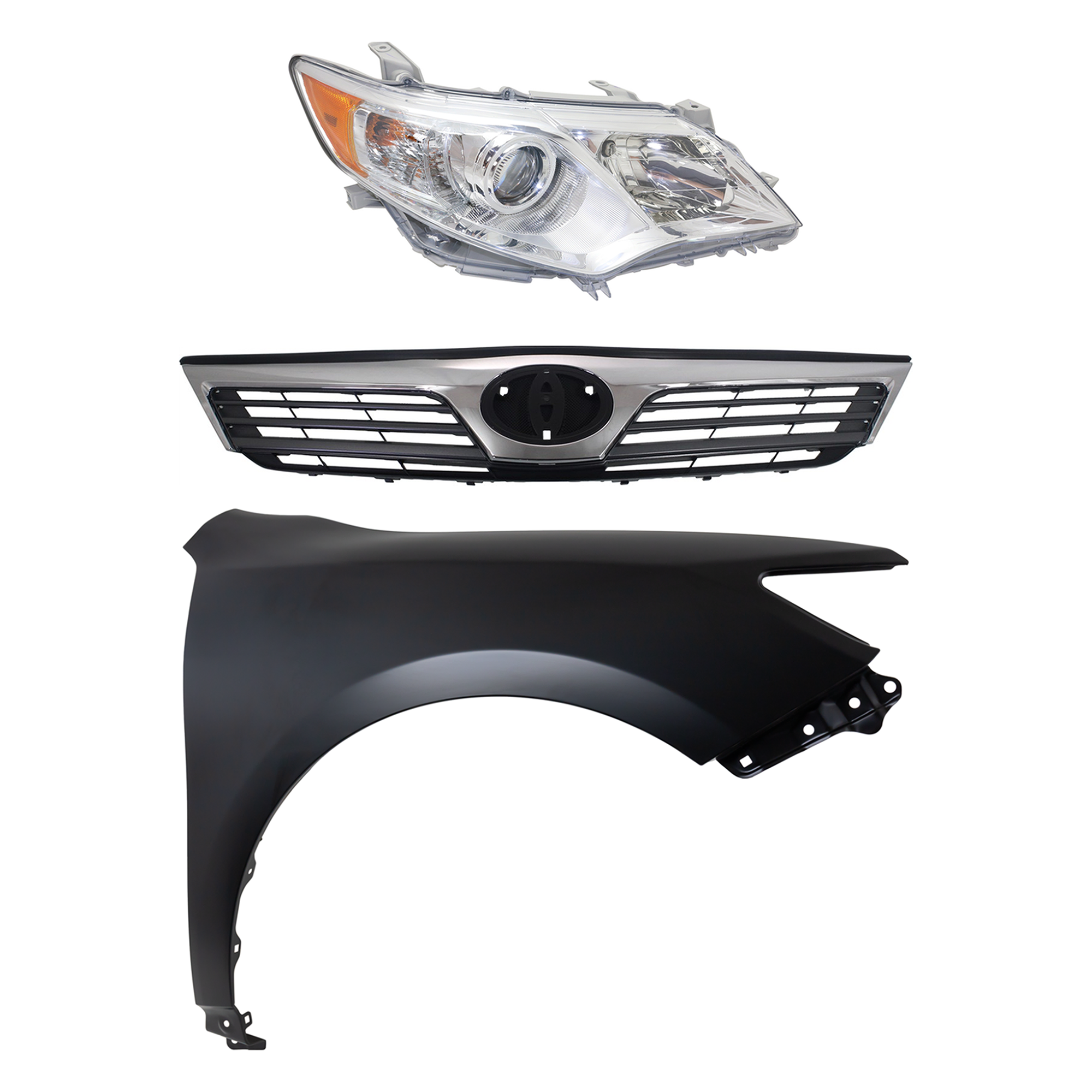 AM CAMRY 12-14 HEAD LAMP RH Assembly Halogen 3 pc Kit with Fender and Grille Assembly CAPA SKU KIT 031323-6701 Partslink TO1200344 TO1241239C TO2503211C OEM 5310106320-5381106140-81110064