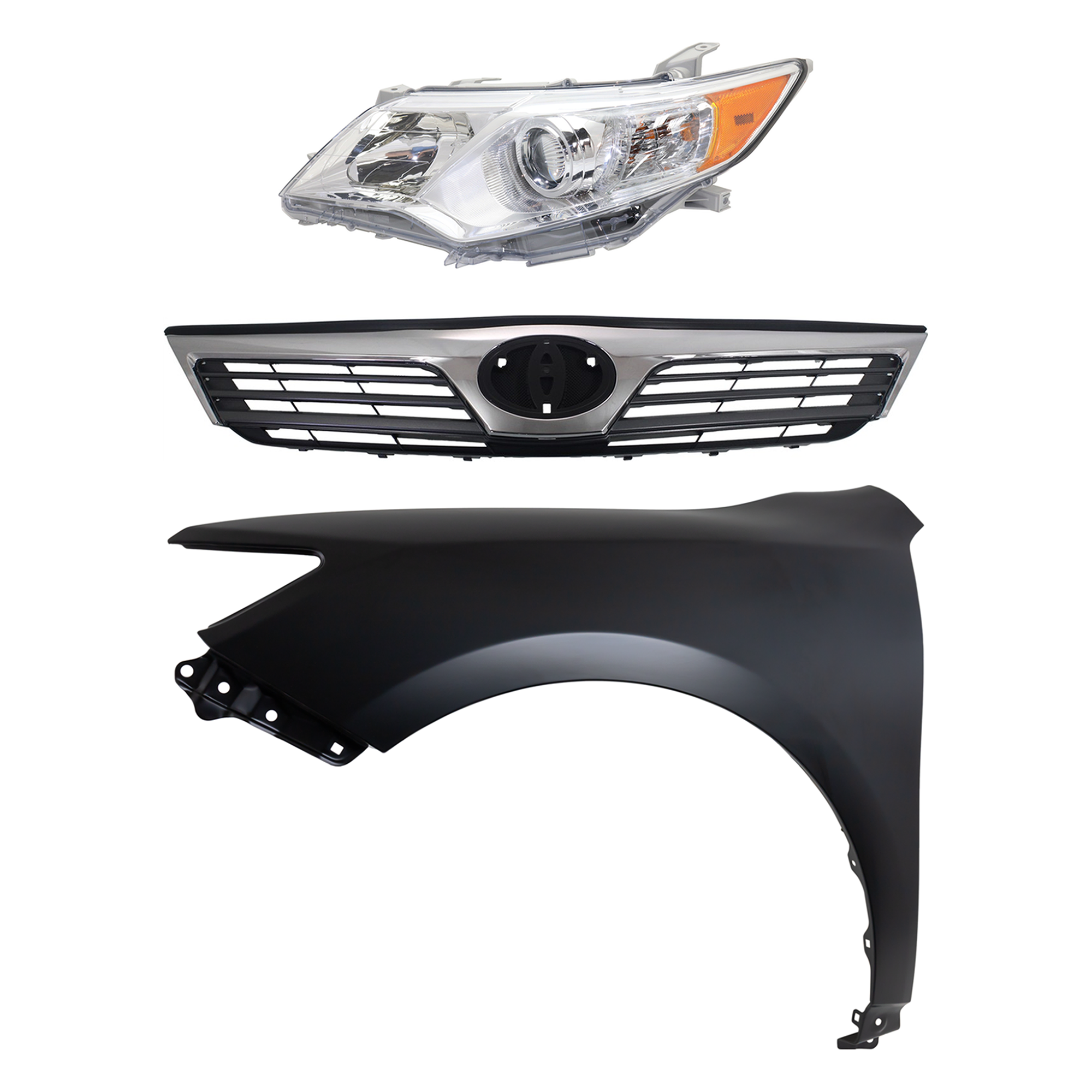 AM CAMRY 12-14 HEAD LAMP LH Assembly Halogen 3 pc Kit with Fender and Grille Assembly CAPA SKU KIT 031323-6702 Partslink TO1200344 TO1240239C TO2502211C OEM 5310106320-5381206150-81150064